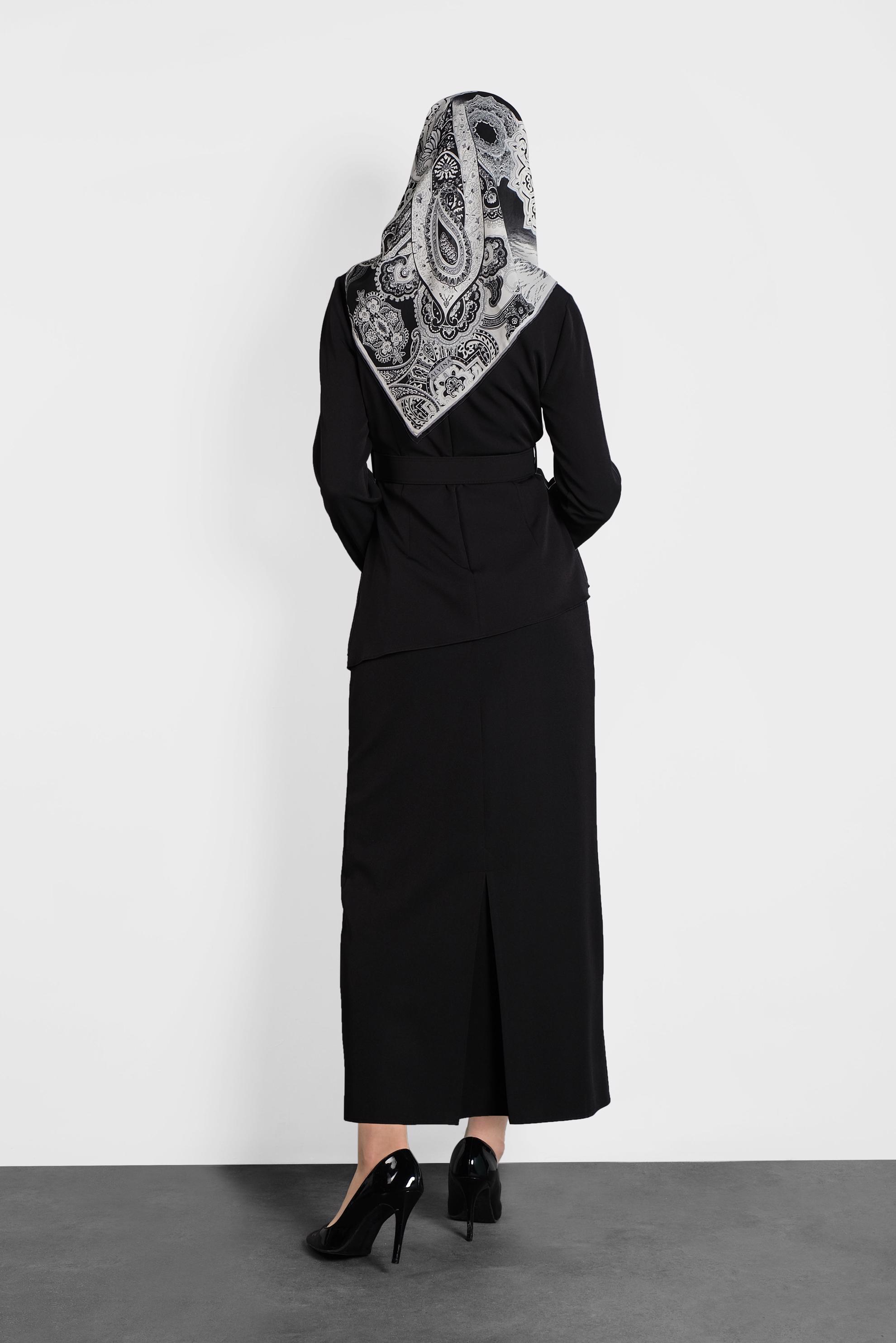 Tesettür giyim SİYAH ASİMETRİK KESİM ETEKLİ TAKIM 40206 