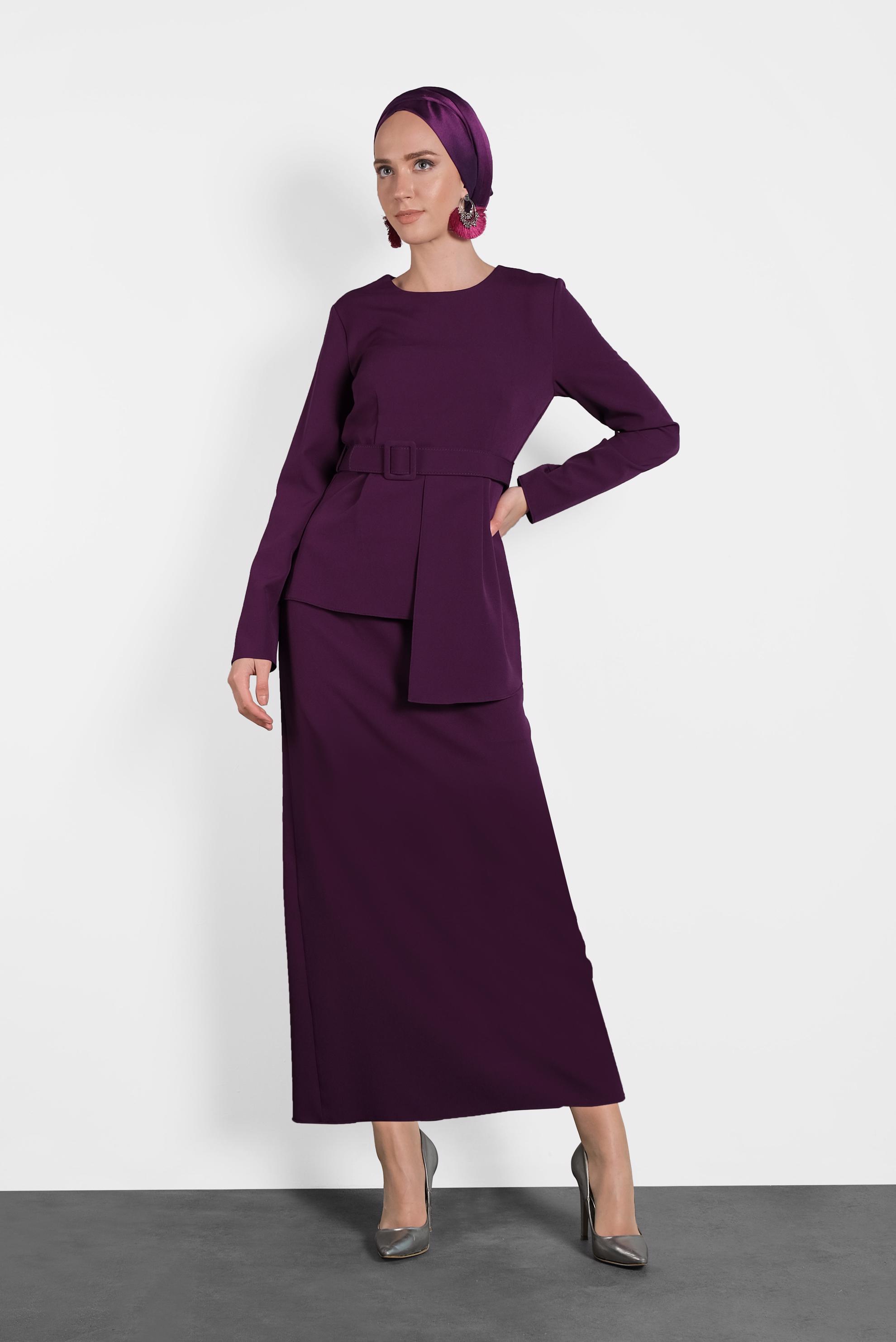 Tesettür giyim MOR ASİMETRİK KESİM ETEKLİ TAKIM 40206 