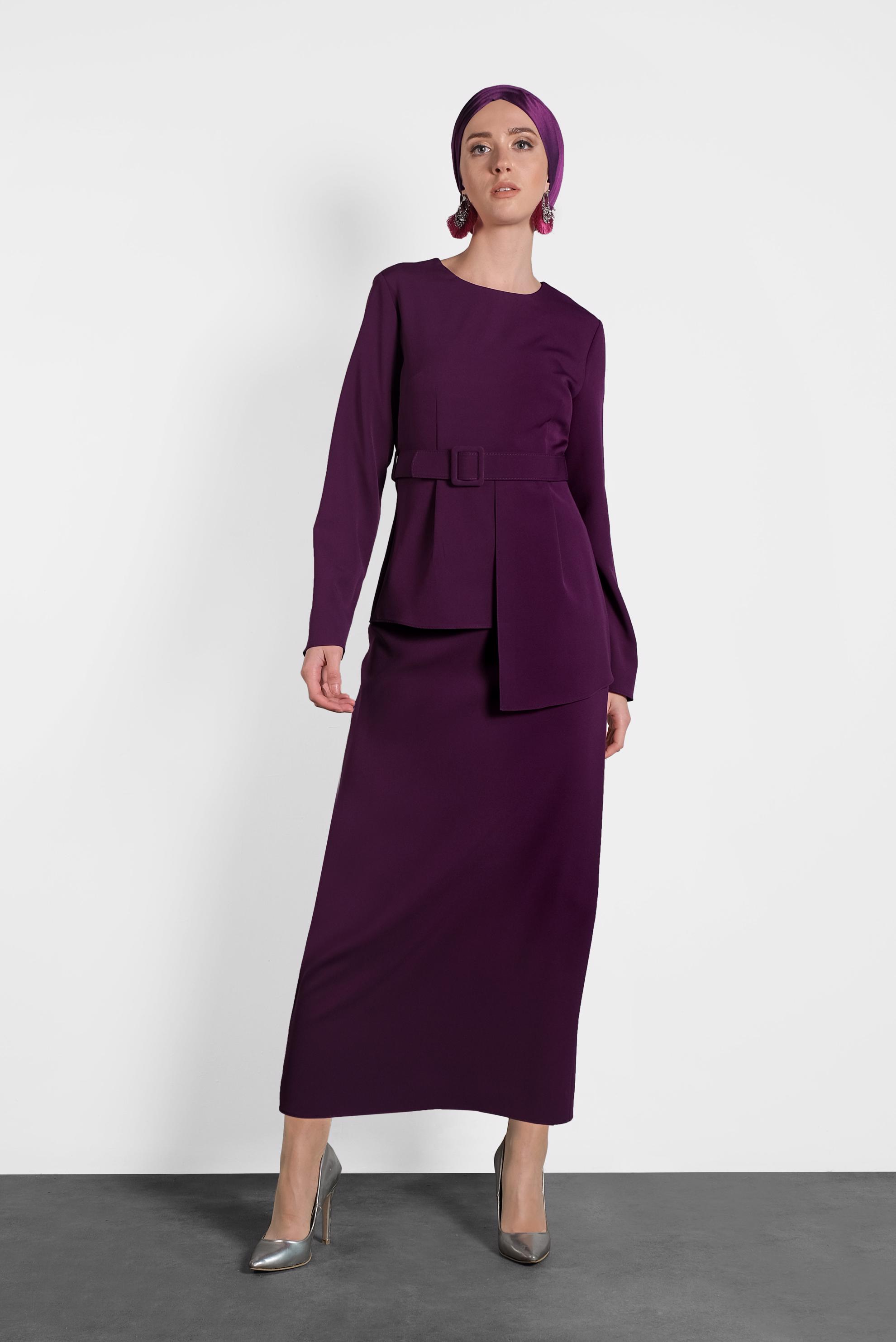 Tesettür giyim MOR ASİMETRİK KESİM ETEKLİ TAKIM 40206 