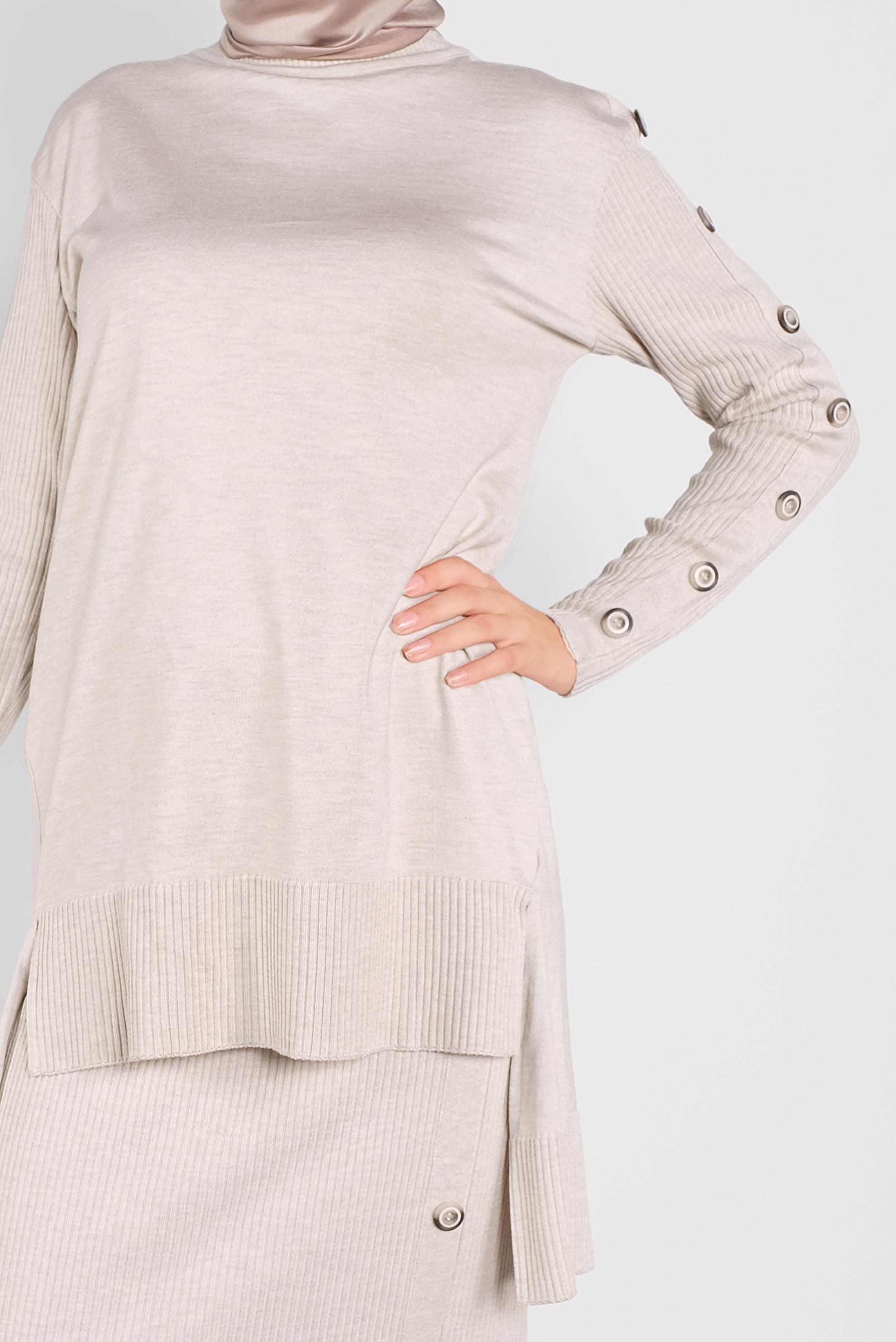 Tesettür giyim BEJ DÜĞMELİ İKİLİ ETEKLİ TRİKO TAKIM  41047 