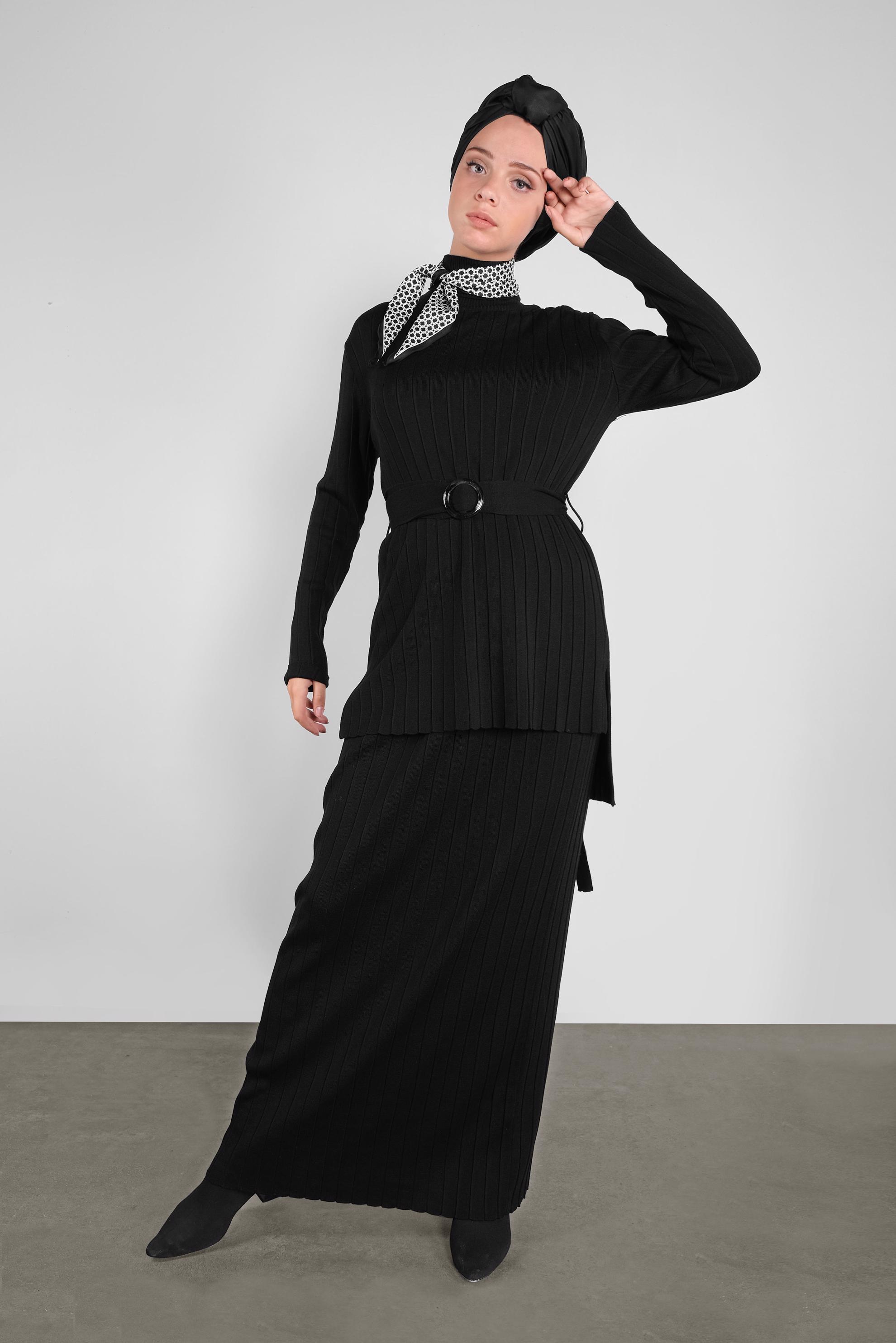 Hijab clothing BLACK BELTED KNIT SKIRT SUIT 41049