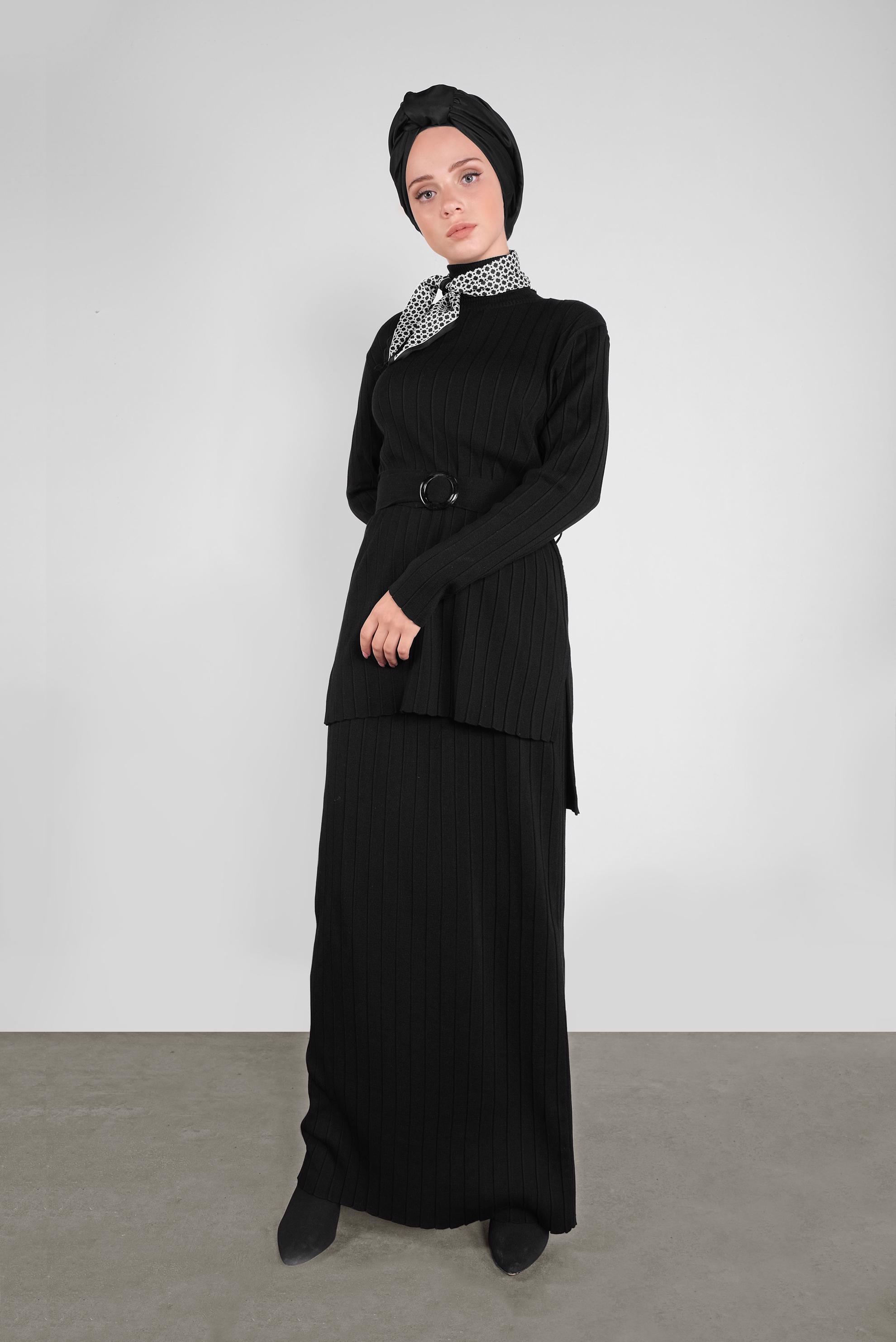 Hijab clothing BLACK BELTED KNIT SKIRT SUIT 41049
