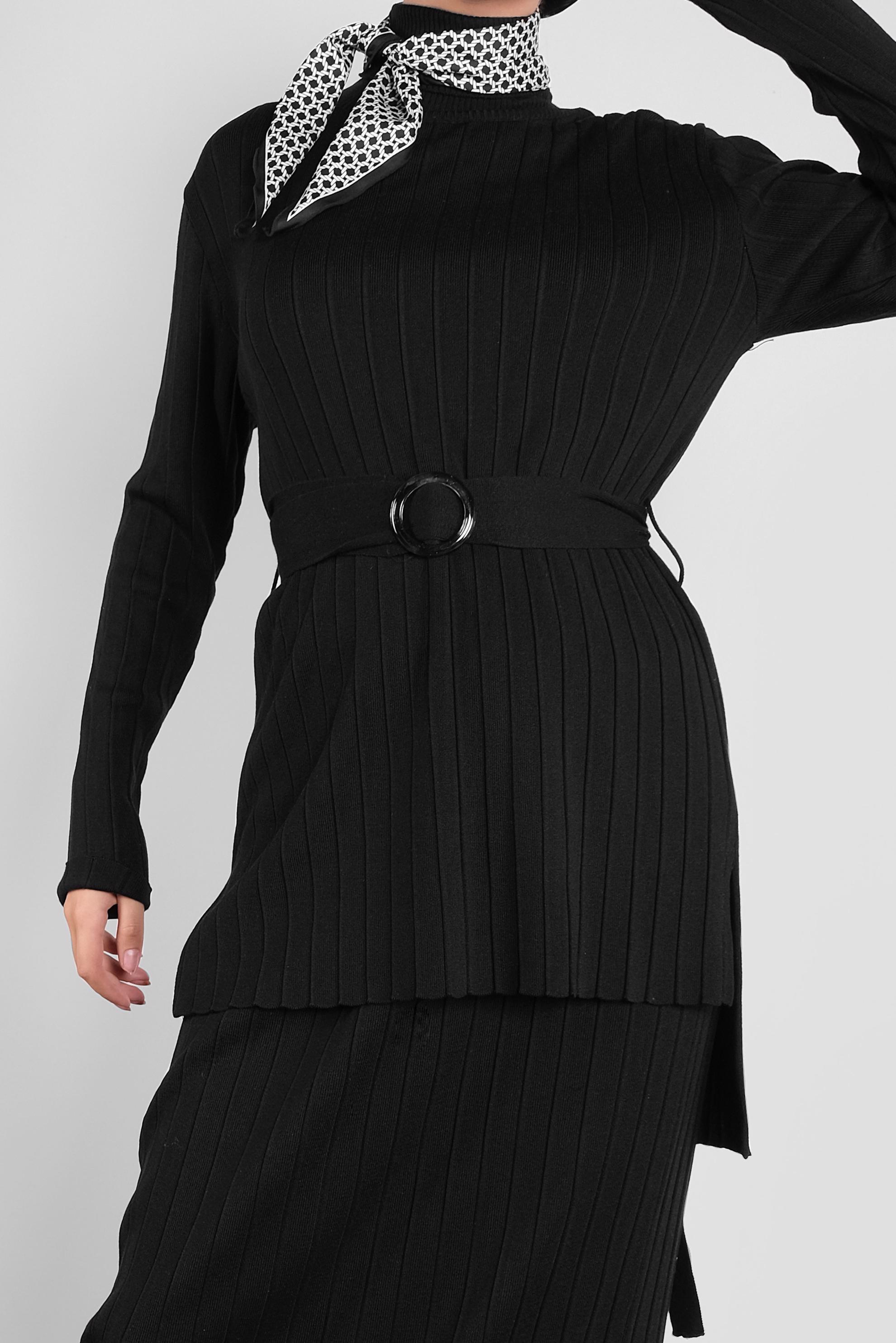 Hijab clothing BLACK BELTED KNIT SKIRT SUIT 41049