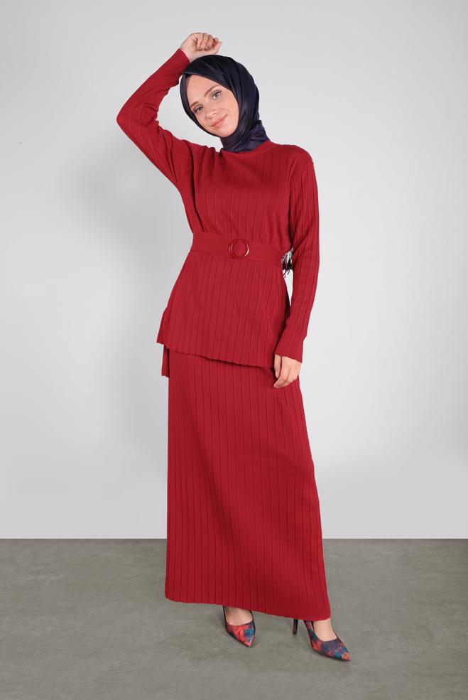 Tesettür giyim  BALIKÇI KEMERLİ TRİKO İKİLİ ETEKLİ TAKIM 41049 - ALVİNA