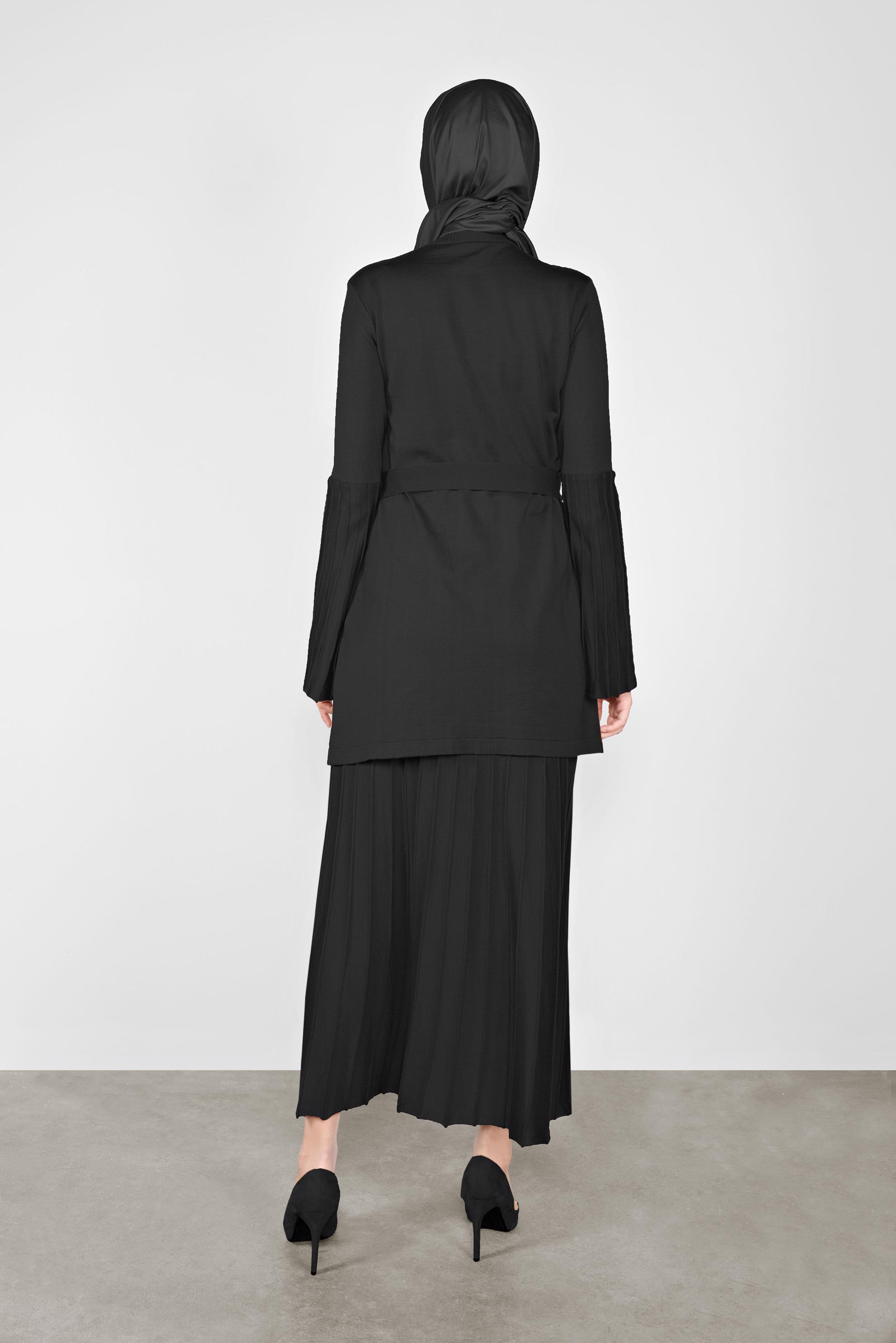 Tesettür giyim SİYAH FİTİLLİ TRİKO İKİLİ ETEKLİ TAKIM 41051