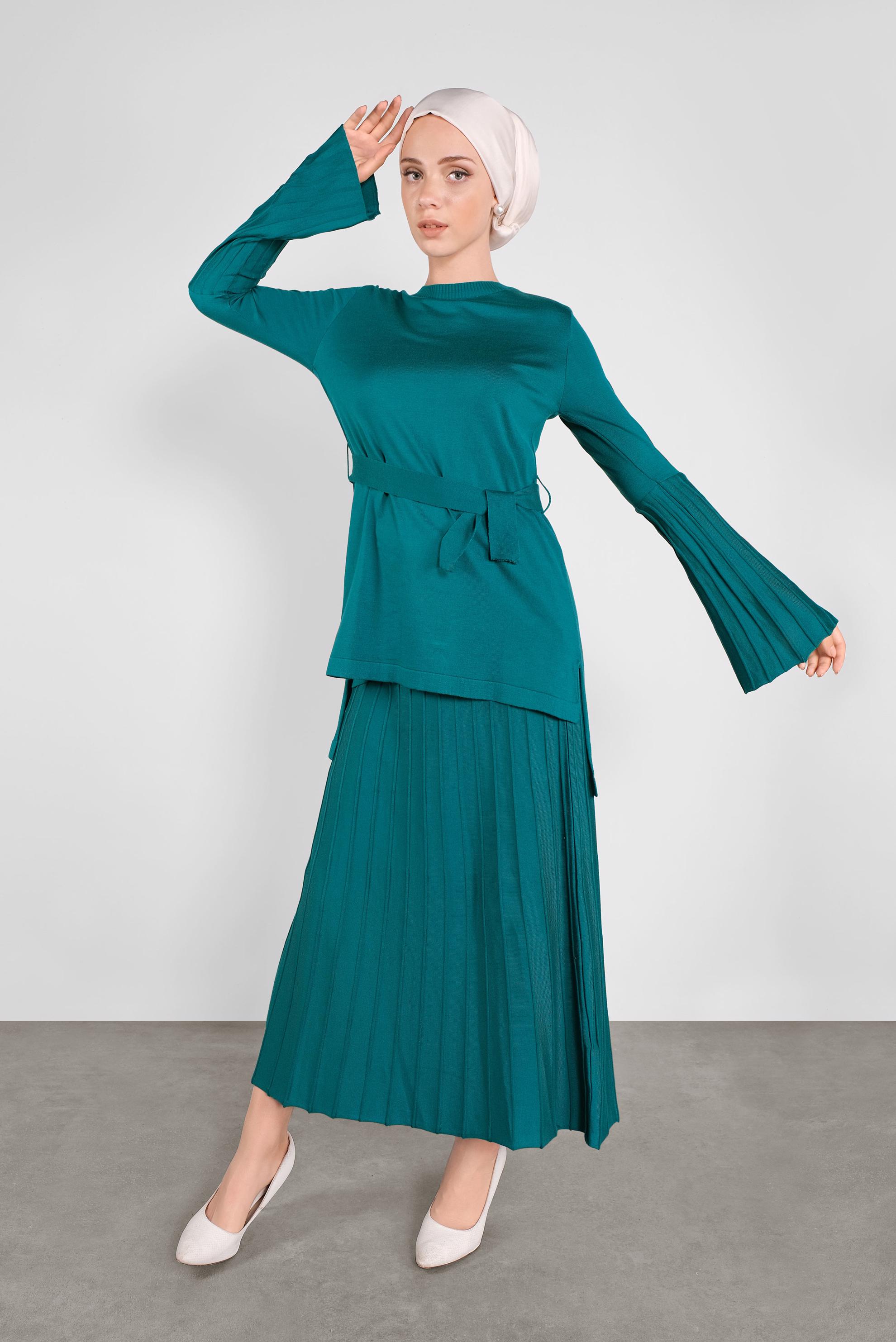 Hijab clothing BLUE RIBBED KNIT SKIRT SUIT 41051 