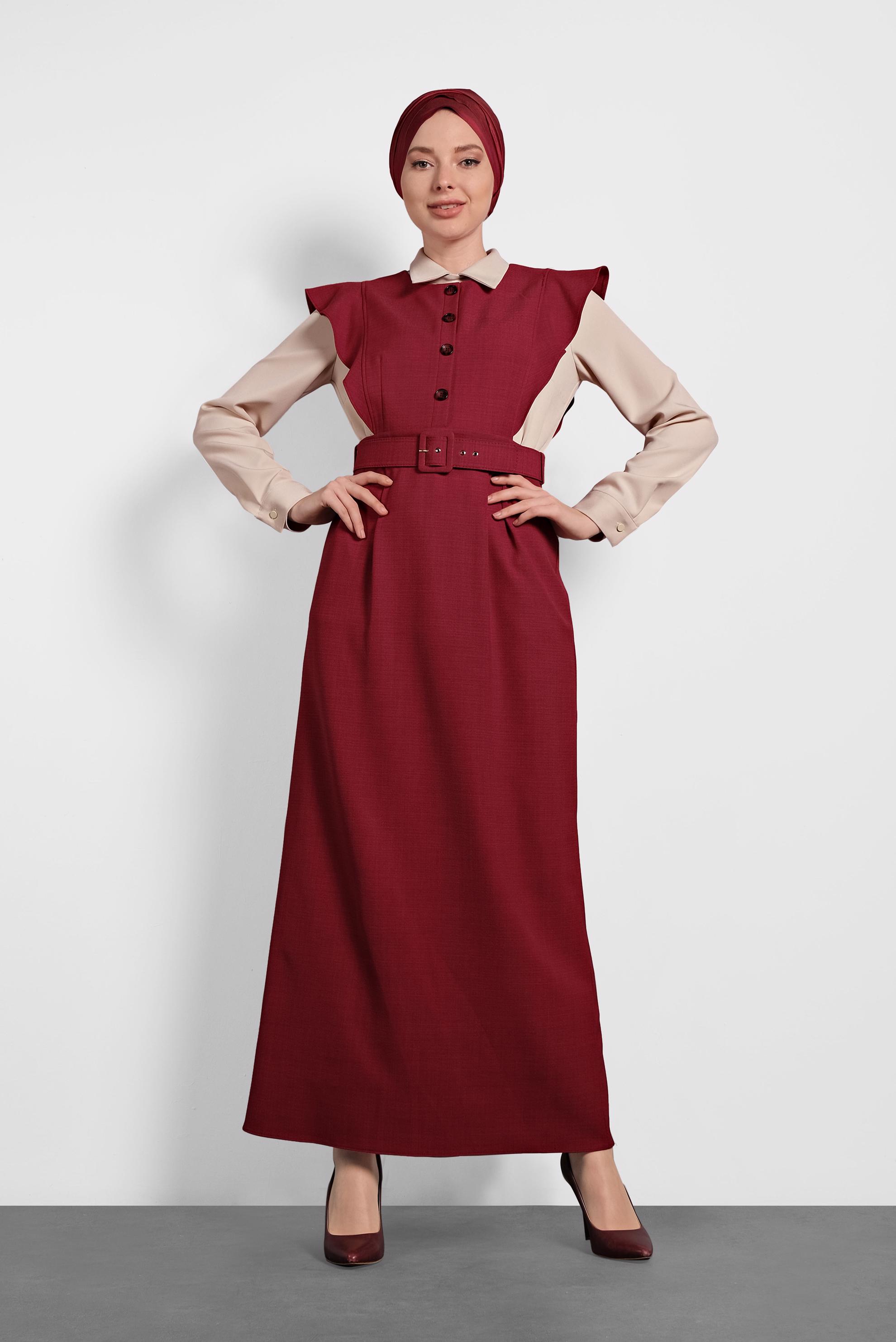 Tesettür giyim KIRMIZI FIRFIRLI ELBİSE BLUZ TAKIM 40155 