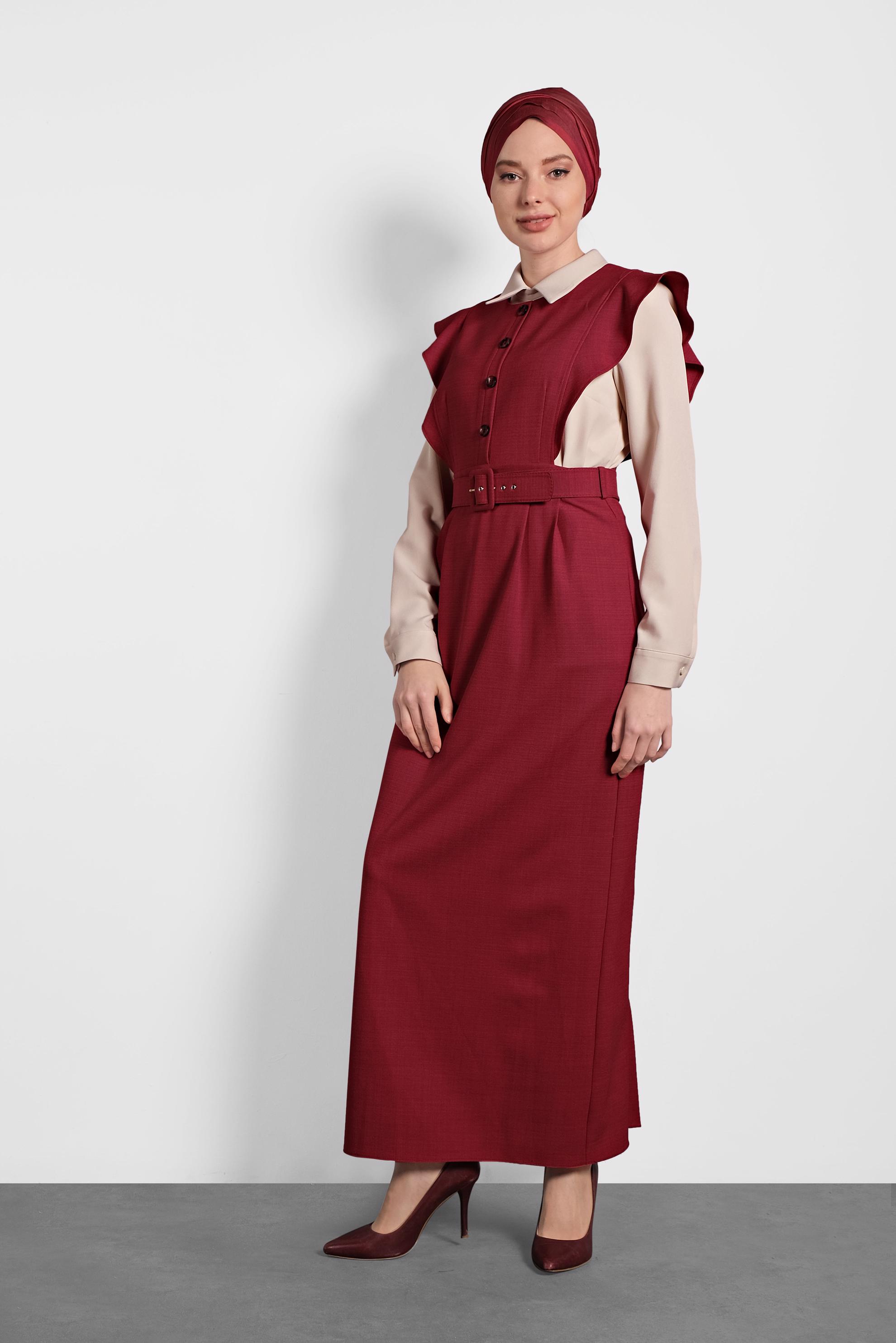 Tesettür giyim KIRMIZI FIRFIRLI ELBİSE BLUZ TAKIM 40155 