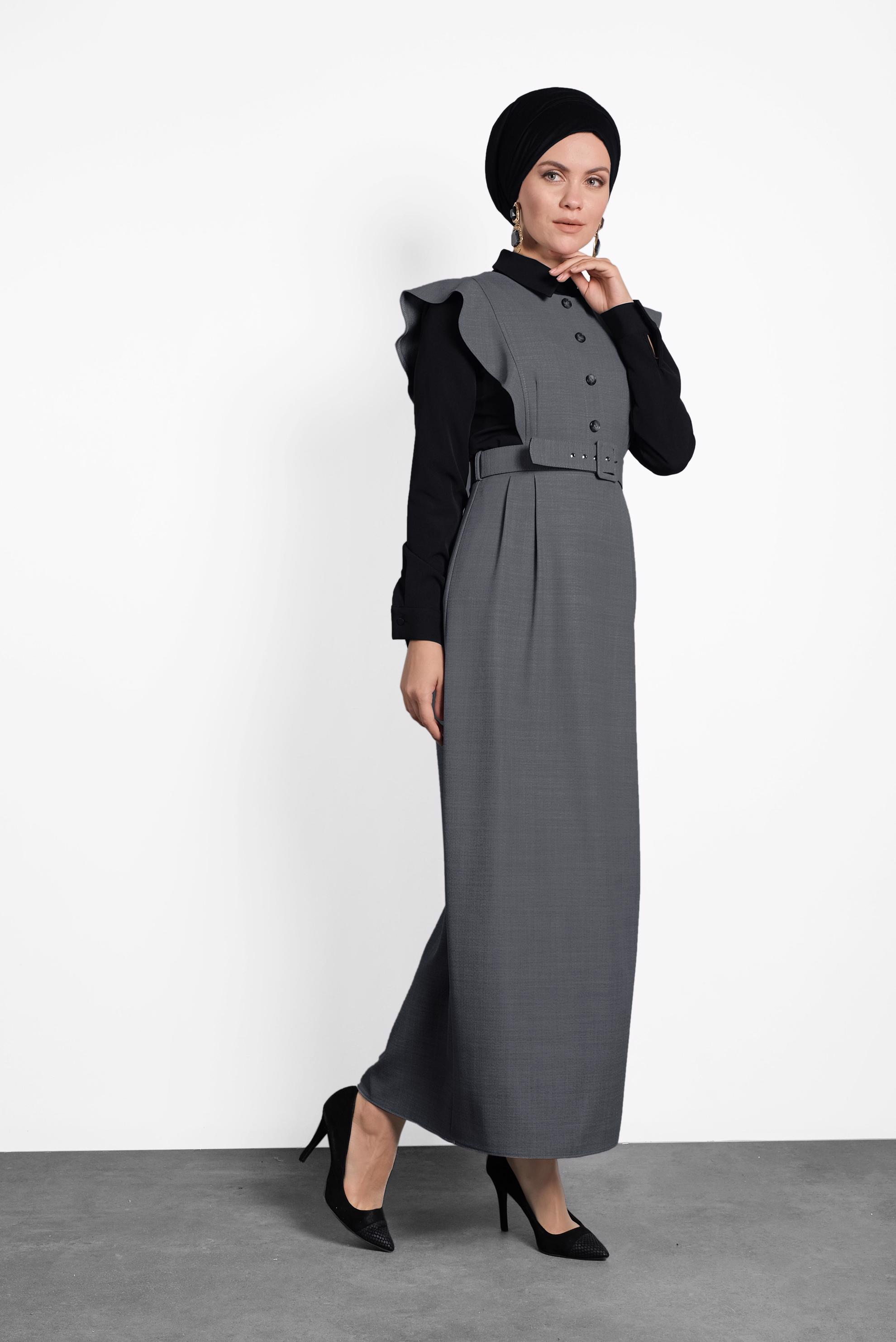 Tesettür giyim GRİ FIRFIRLI ELBİSE BLUZ TAKIM 40155 