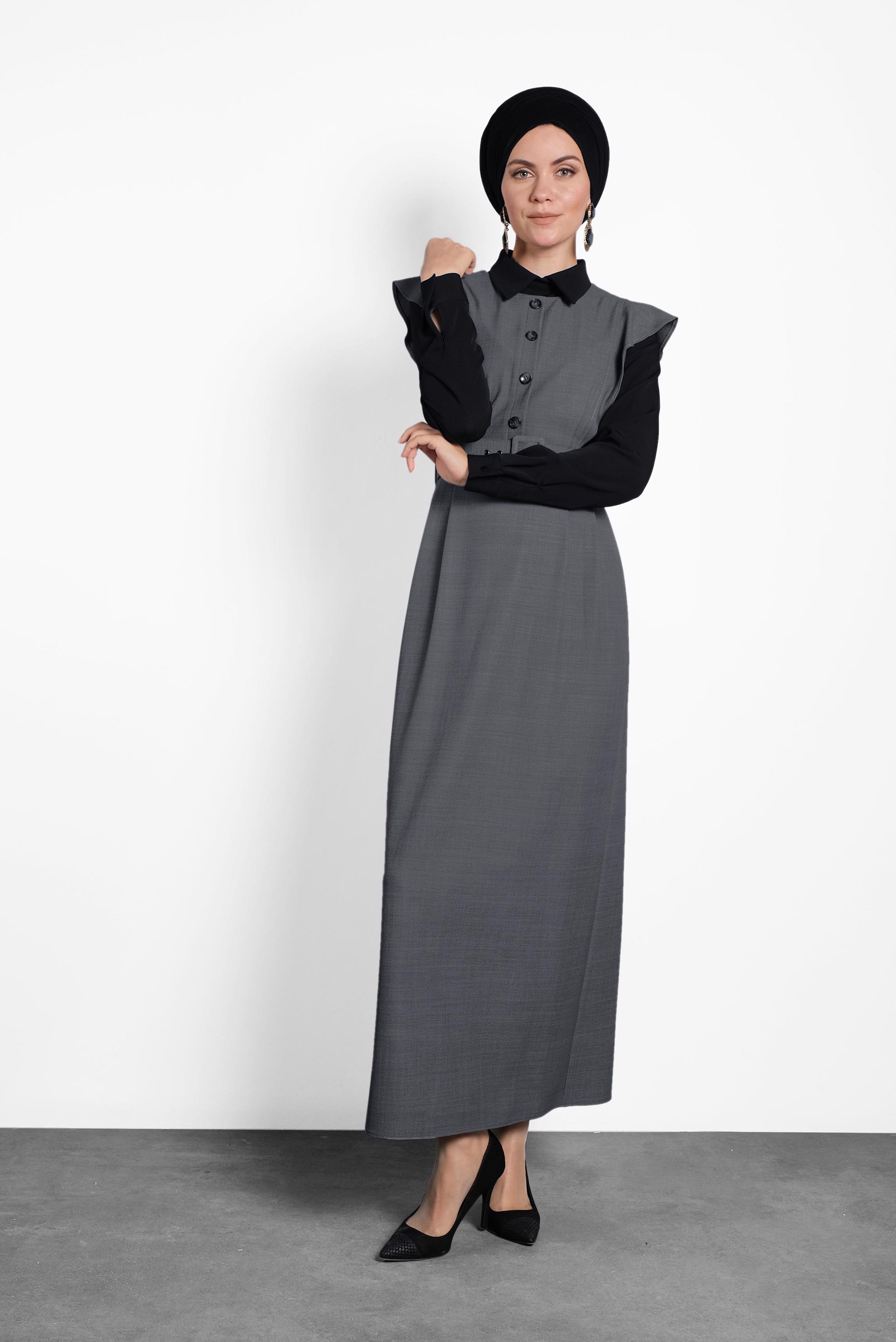 Tesettür giyim GRİ FIRFIRLI ELBİSE BLUZ TAKIM 40155 