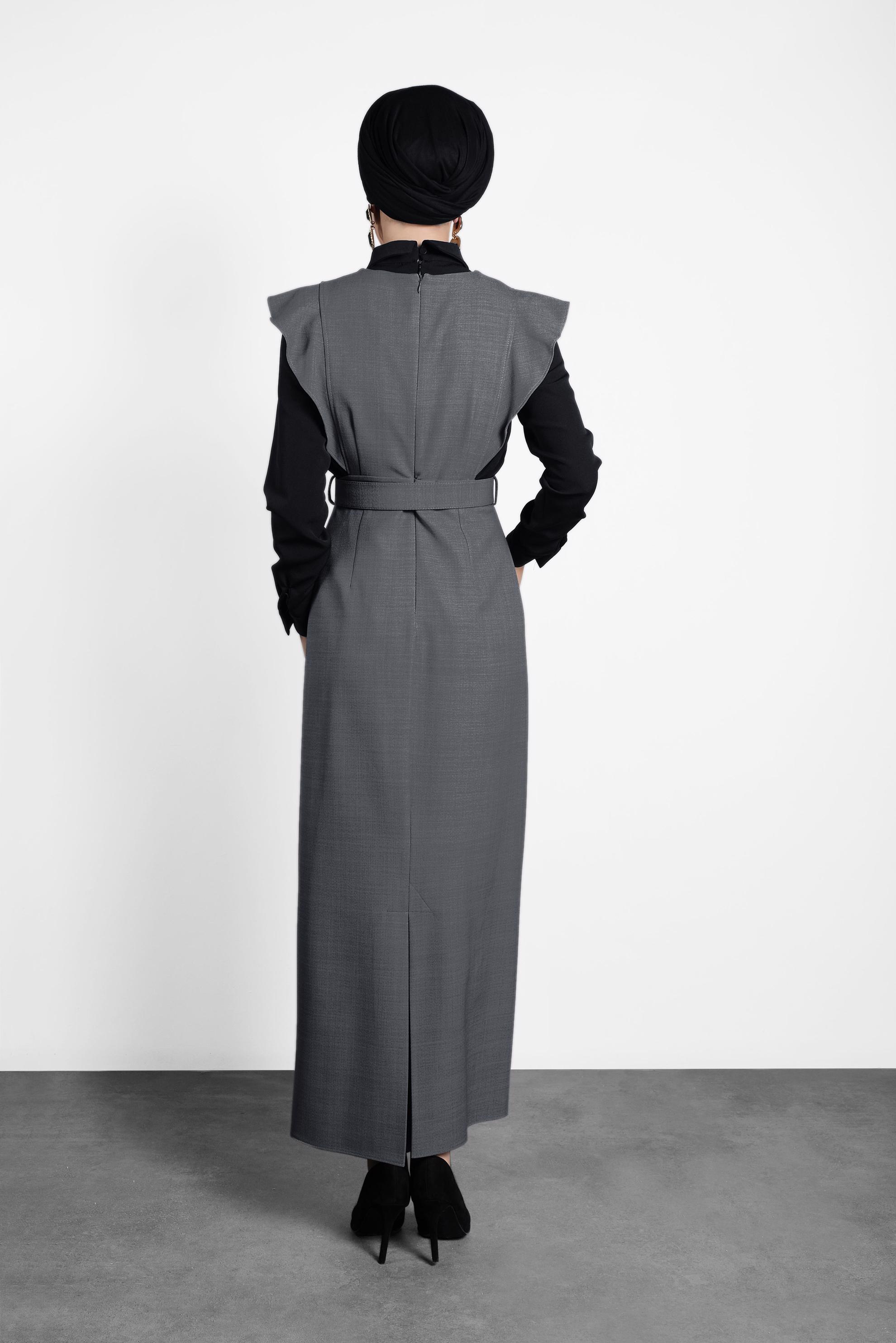 Tesettür giyim GRİ FIRFIRLI ELBİSE BLUZ TAKIM 40155 