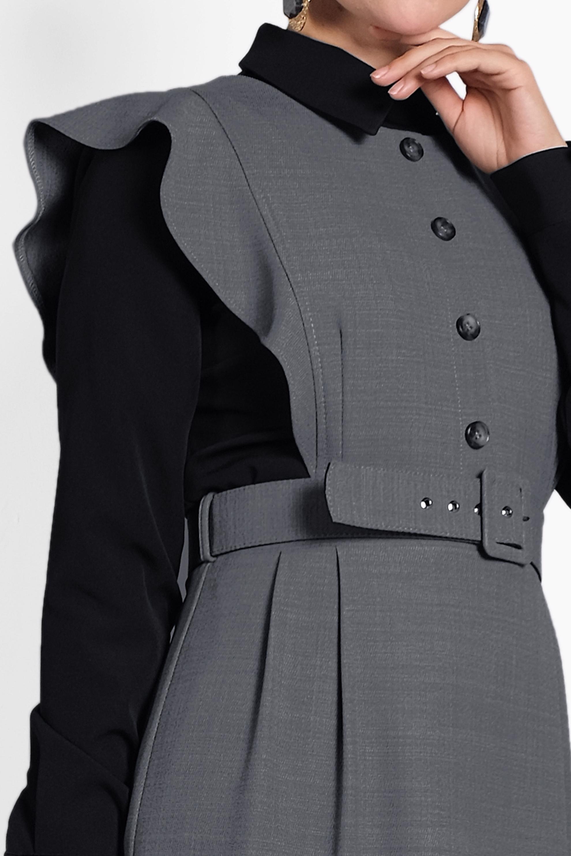 Tesettür giyim GRİ FIRFIRLI ELBİSE BLUZ TAKIM 40155 