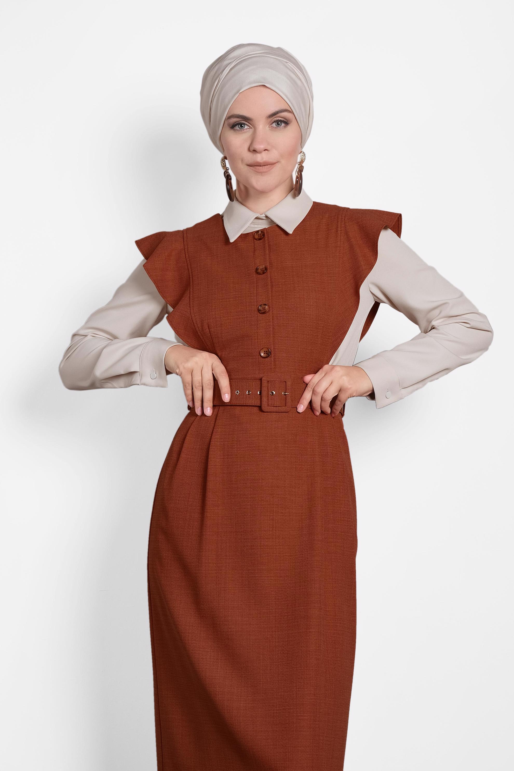 Tesettür giyim TURUNCU FIRFIRLI ELBİSE BLUZ TAKIM 40155 