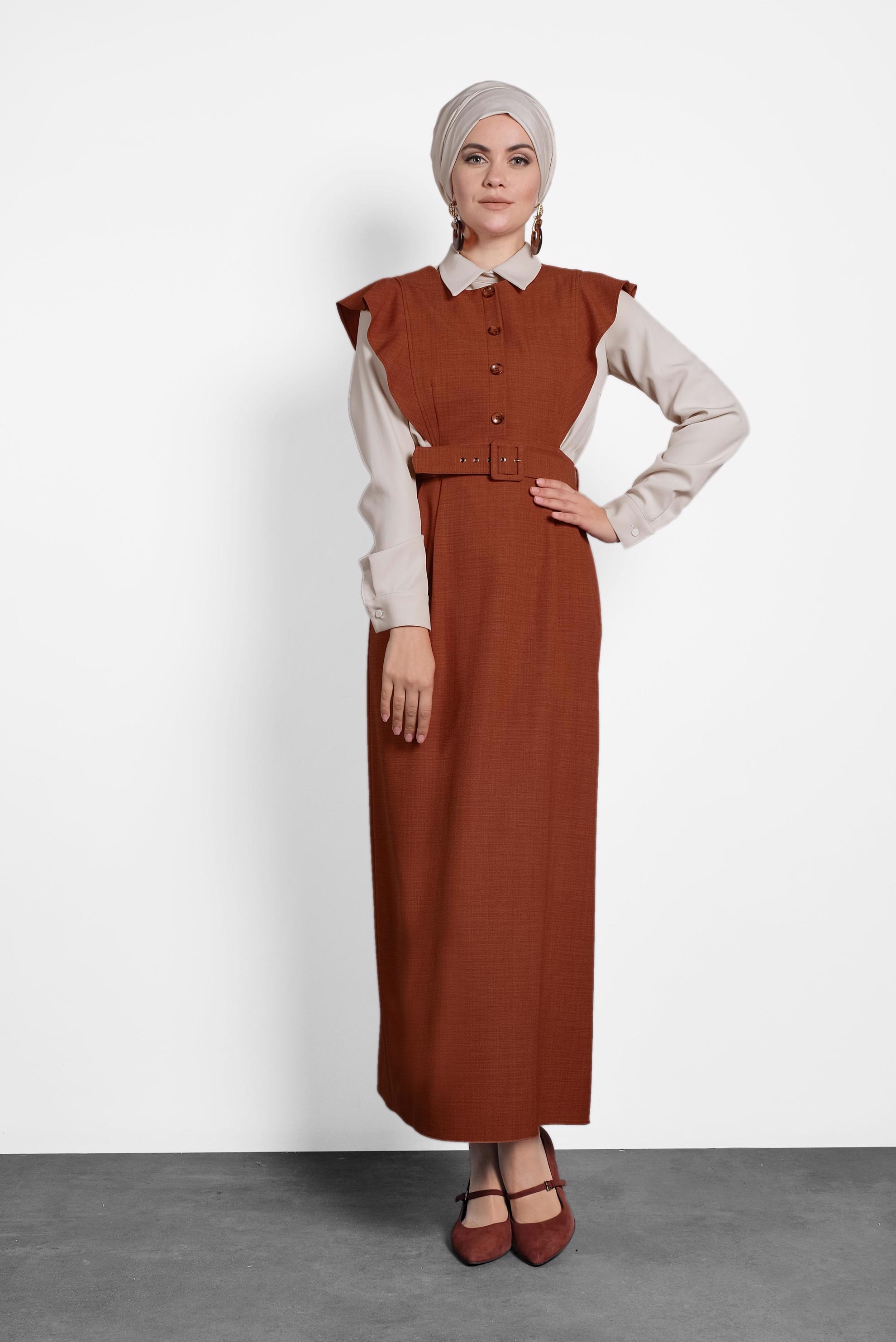 Tesettür giyim TURUNCU FIRFIRLI ELBİSE BLUZ TAKIM 40155 