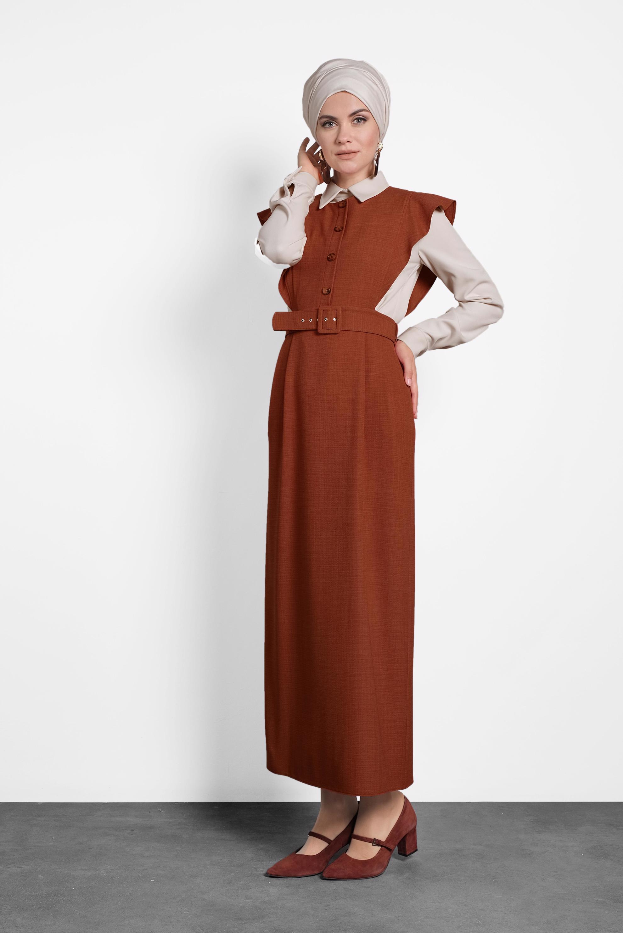 Tesettür giyim TURUNCU FIRFIRLI ELBİSE BLUZ TAKIM 40155 