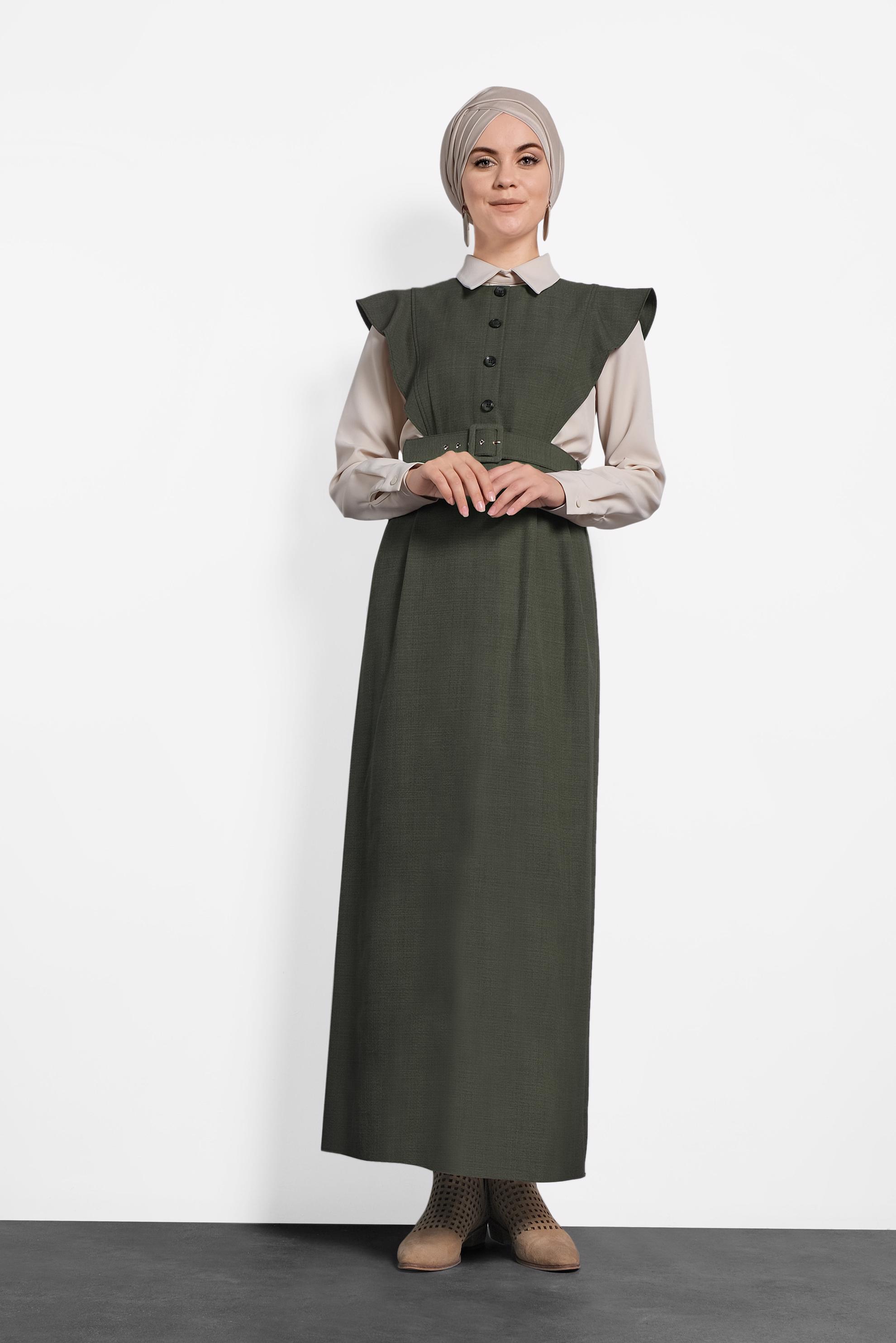 Tesettür giyim HAKİ FIRFIRLI ELBİSE BLUZ TAKIM 40155 