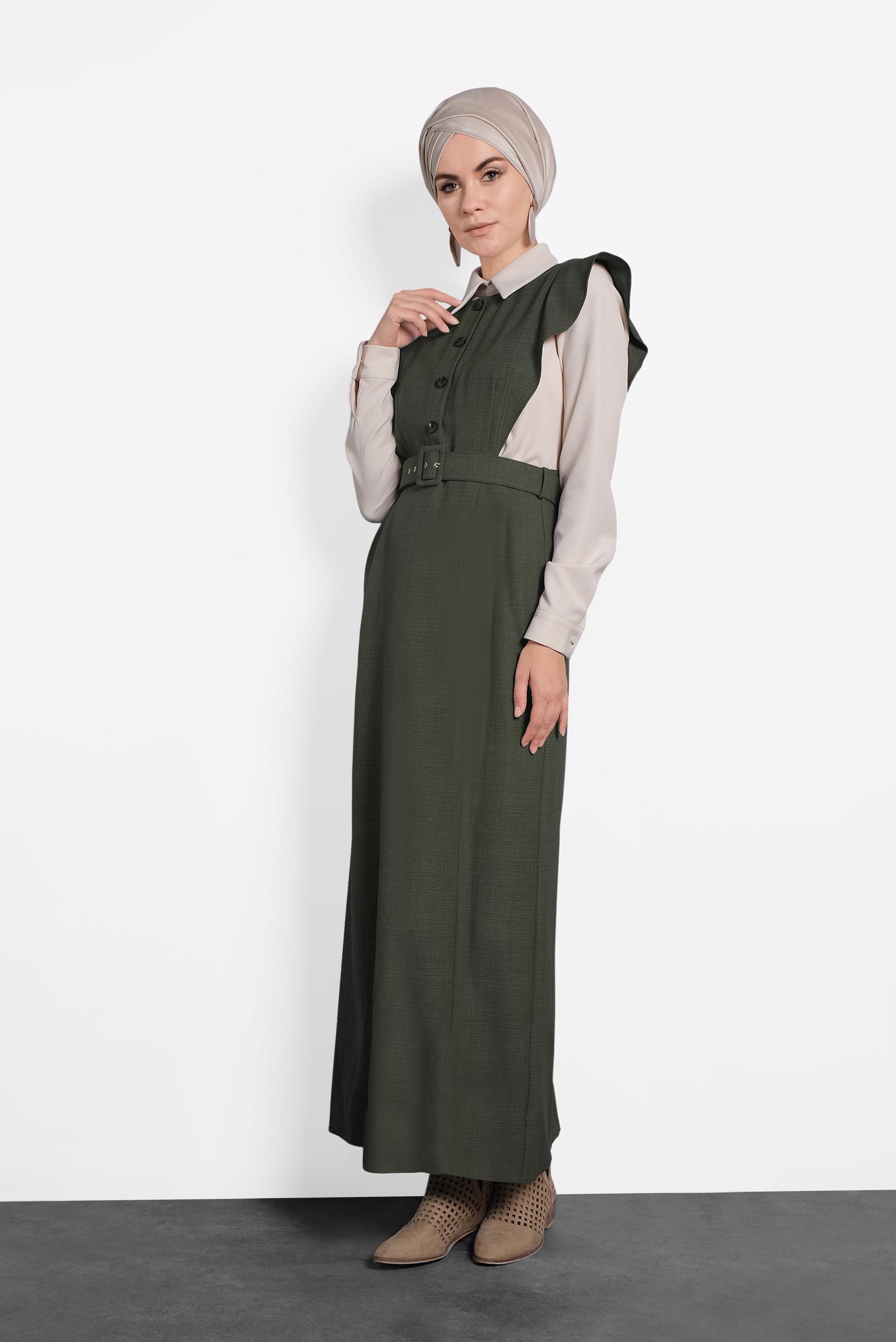 Tesettür giyim HAKİ FIRFIRLI ELBİSE BLUZ TAKIM 40155 