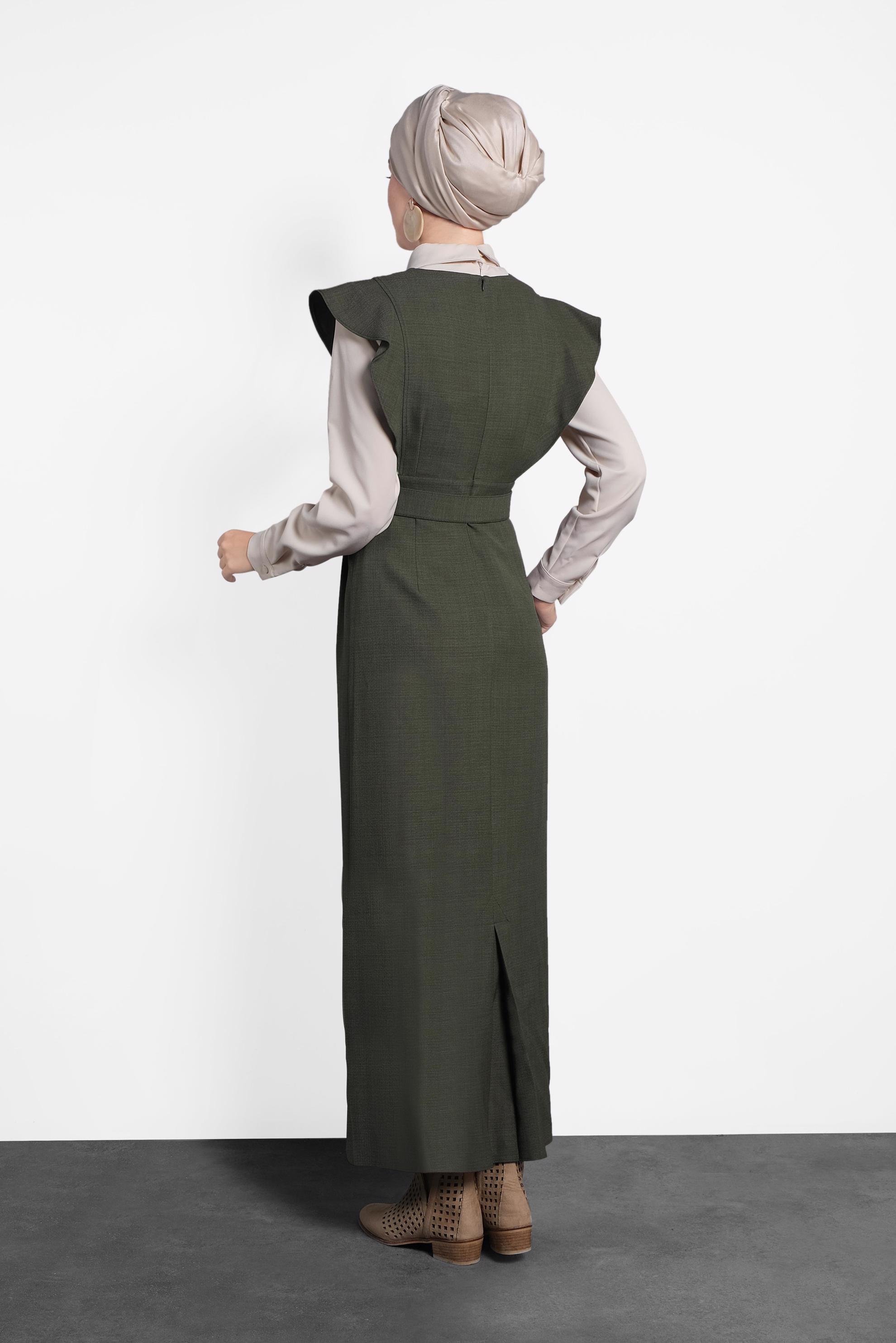 Tesettür giyim HAKİ FIRFIRLI ELBİSE BLUZ TAKIM 40155 