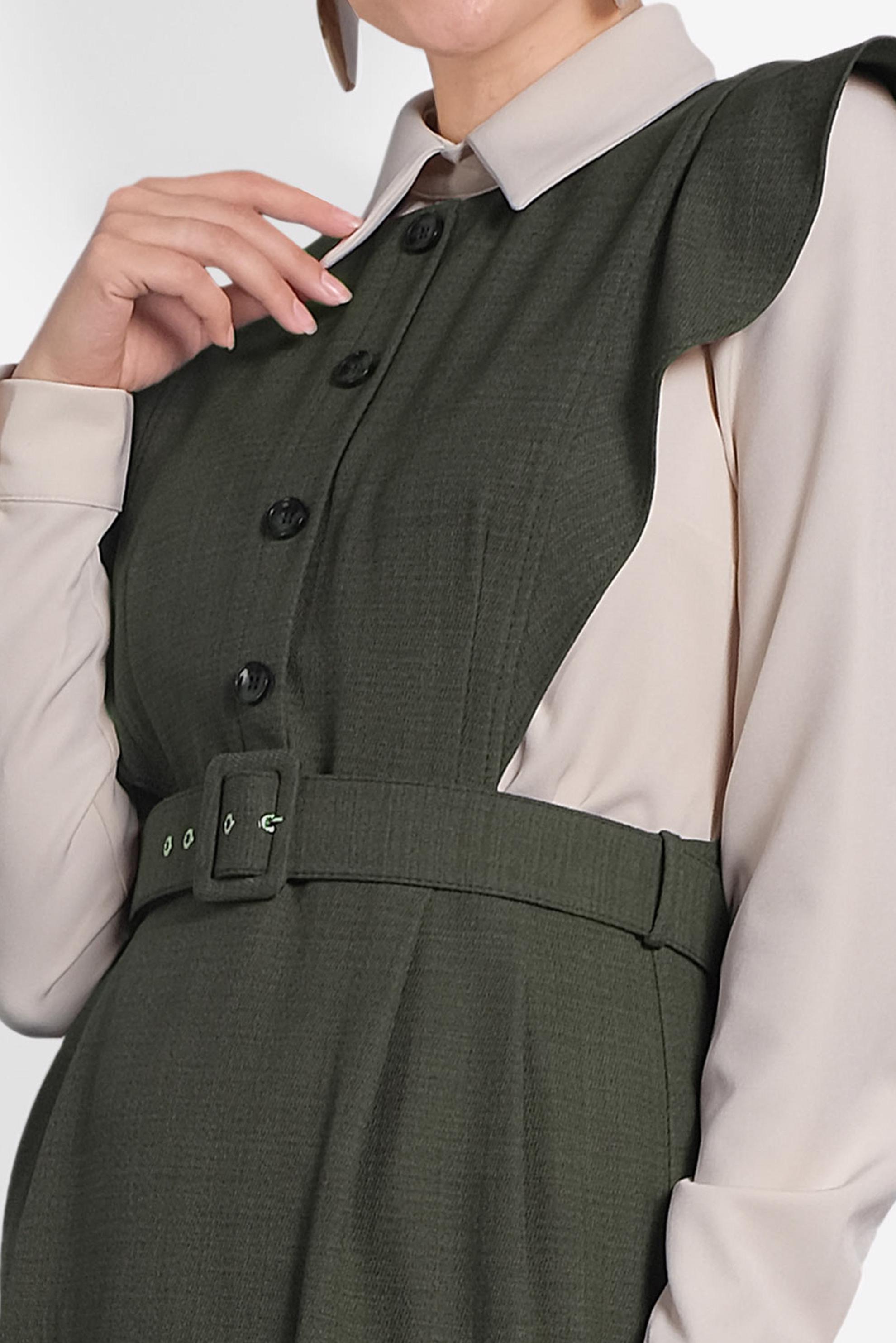 Tesettür giyim HAKİ FIRFIRLI ELBİSE BLUZ TAKIM 40155 