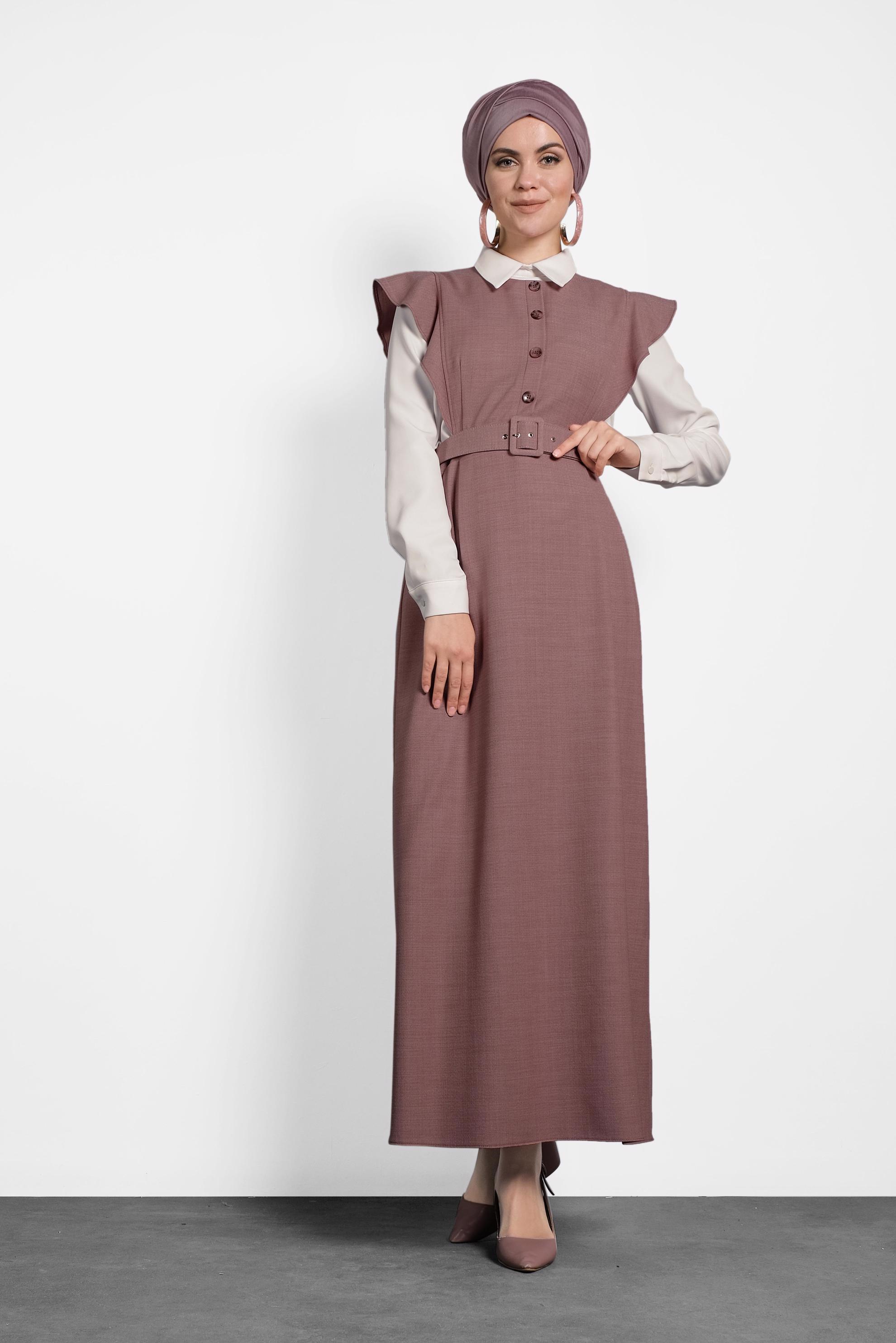 Tesettür giyim PUDRA FIRFIRLI ELBİSE BLUZ TAKIM 40155 