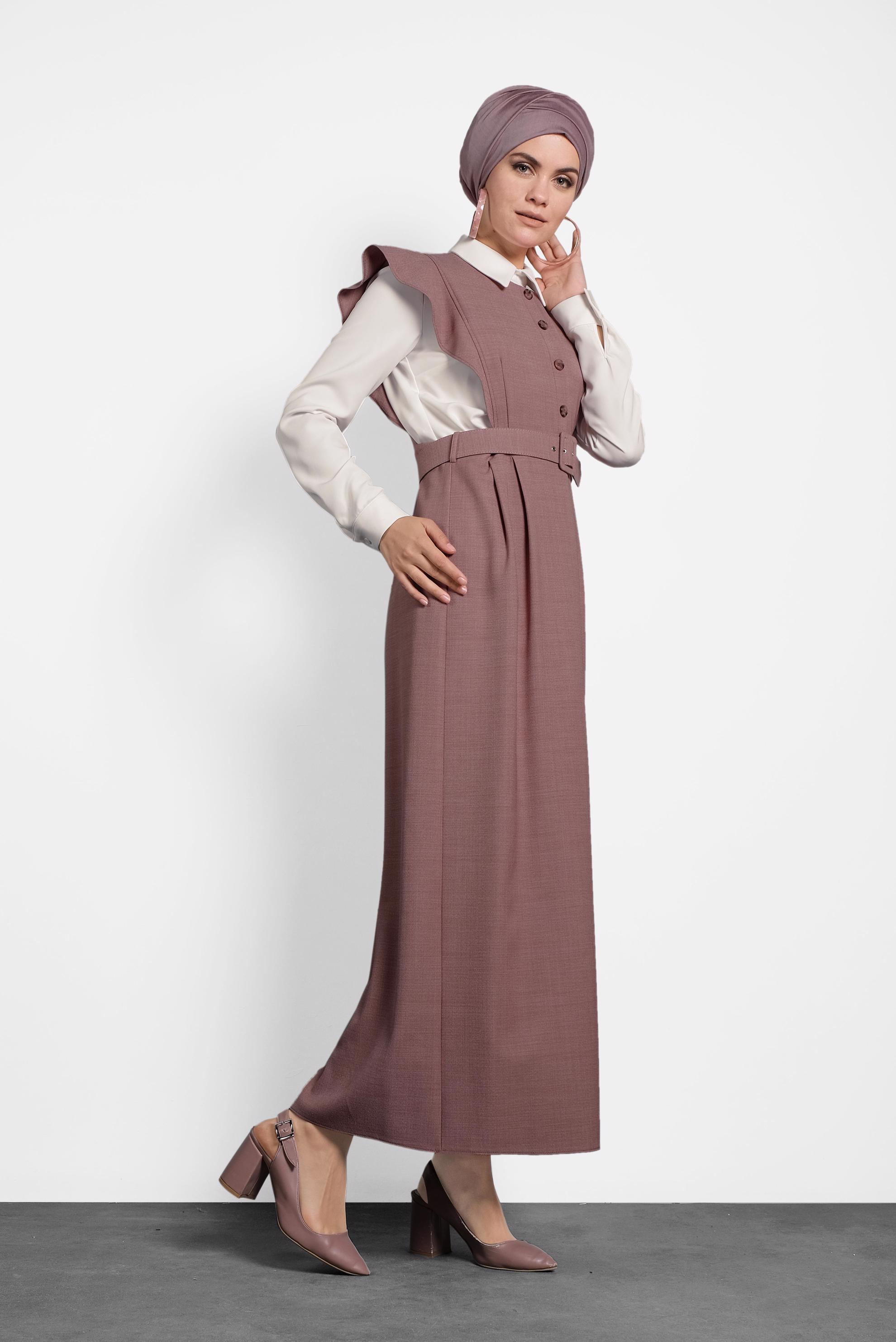 Tesettür giyim PUDRA FIRFIRLI ELBİSE BLUZ TAKIM 40155 