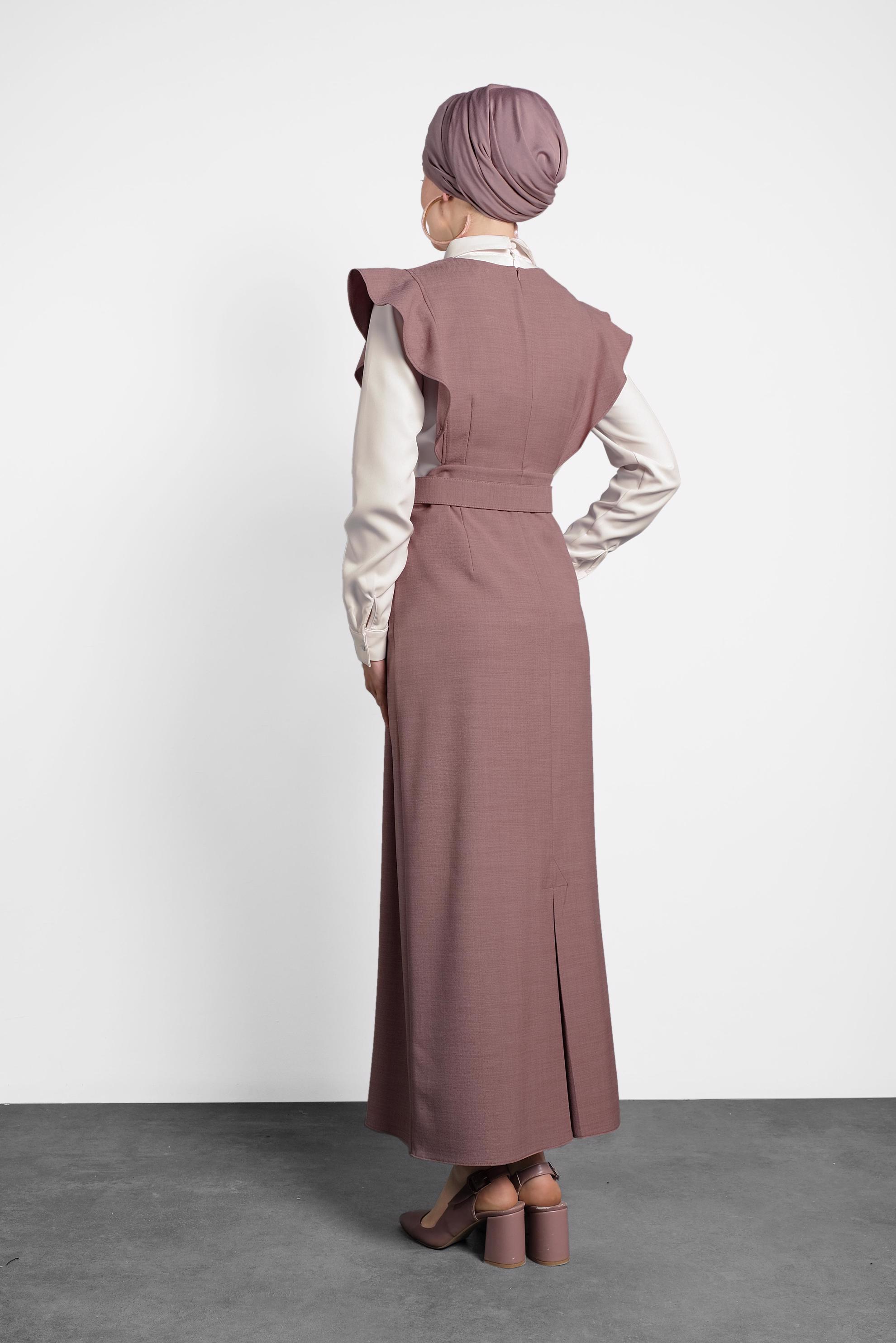 Tesettür giyim PUDRA FIRFIRLI ELBİSE BLUZ TAKIM 40155 