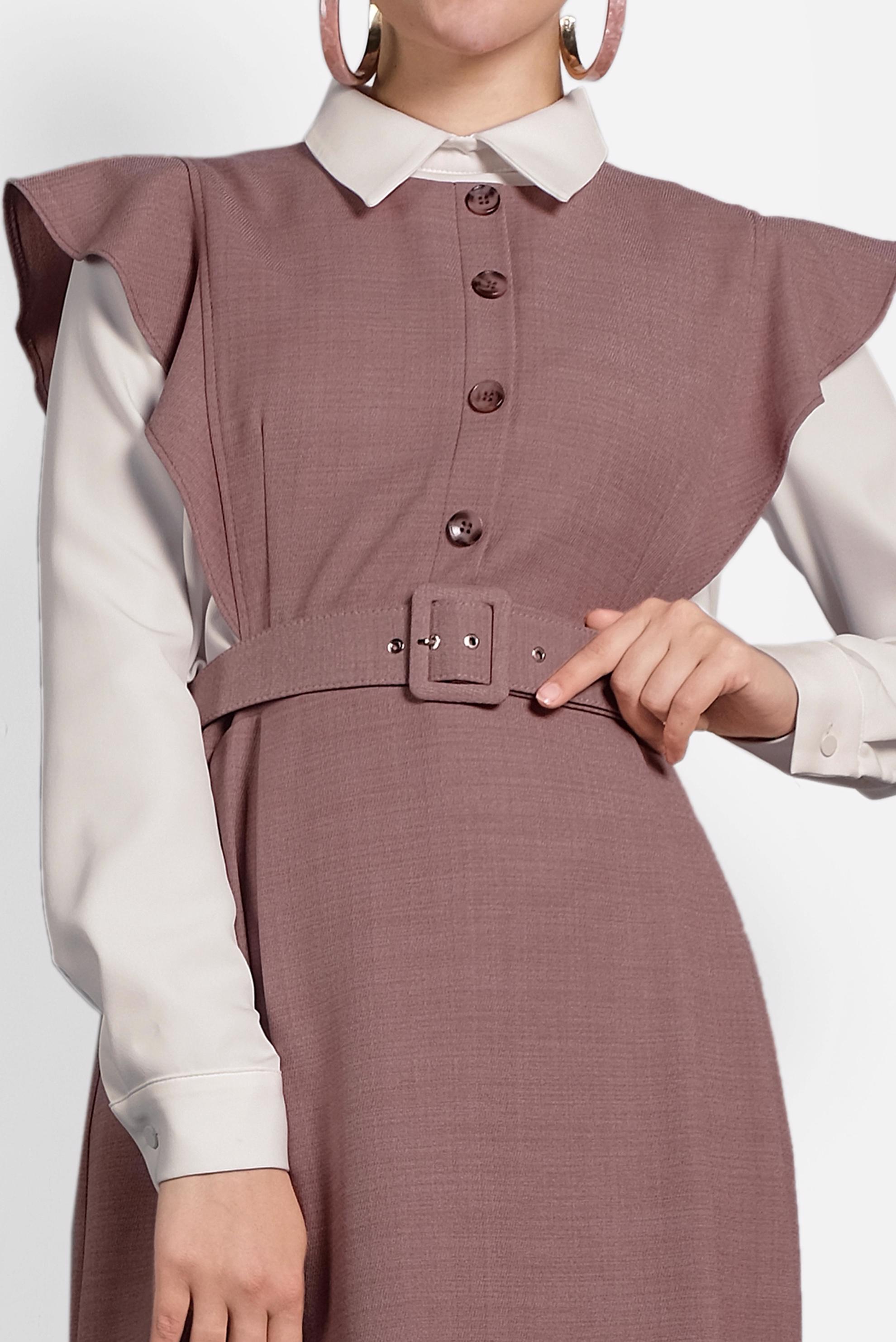 Tesettür giyim PUDRA FIRFIRLI ELBİSE BLUZ TAKIM 40155 