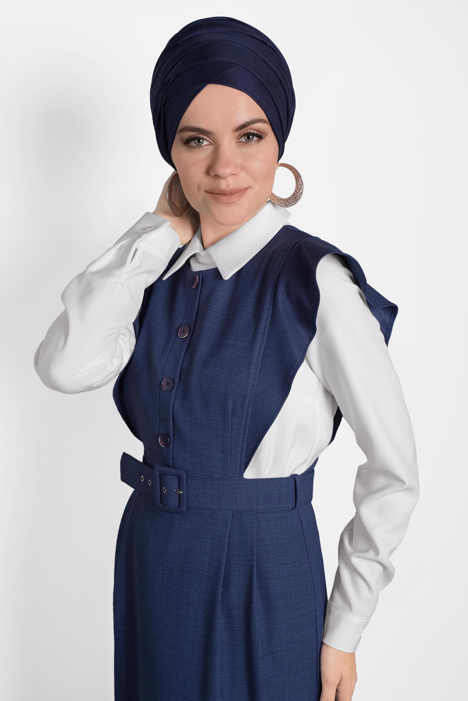 Tesettür giyim LACİVERT FIRFIRLI ELBİSE BLUZ TAKIM 40155 