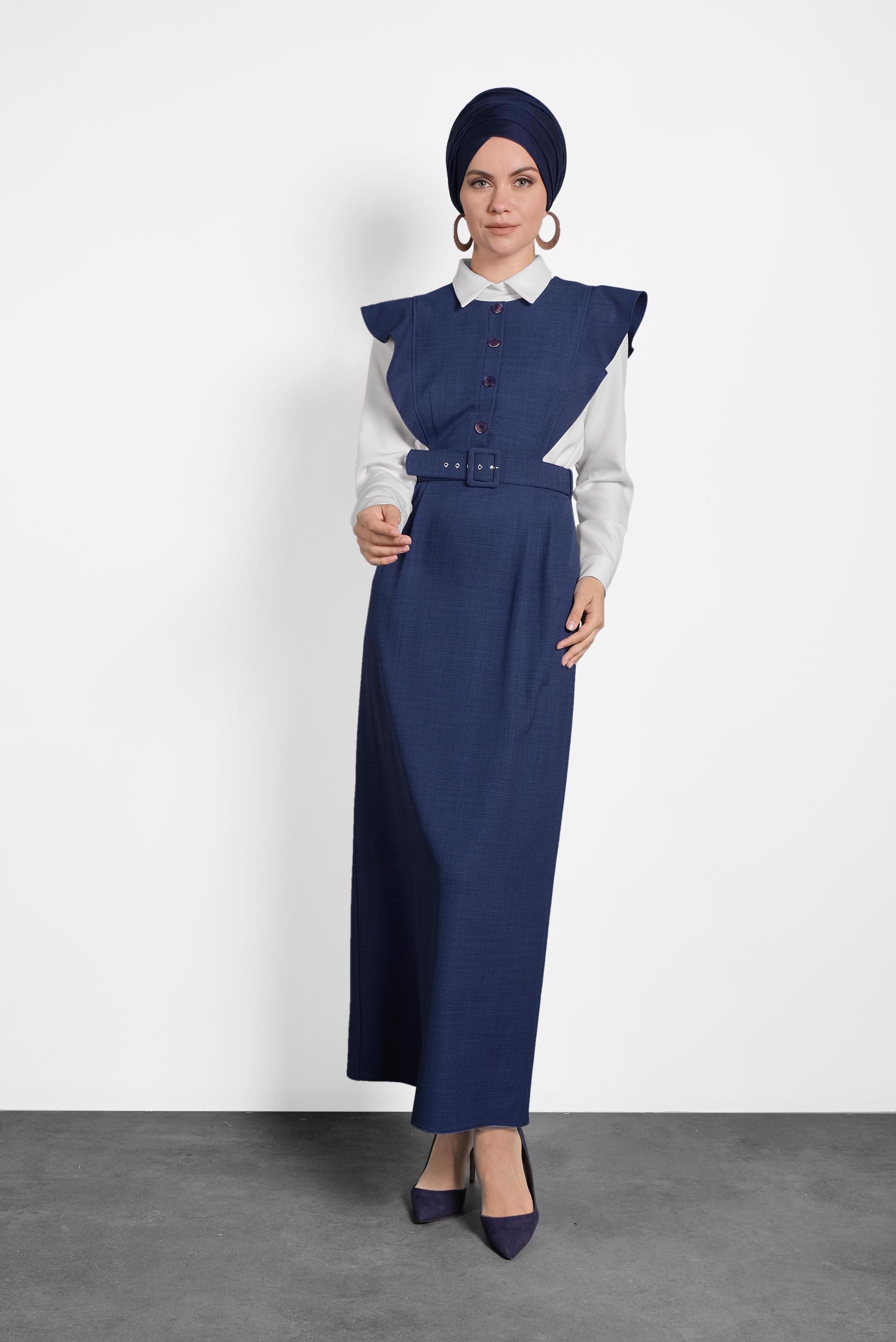 Tesettür giyim LACİVERT FIRFIRLI ELBİSE BLUZ TAKIM 40155 