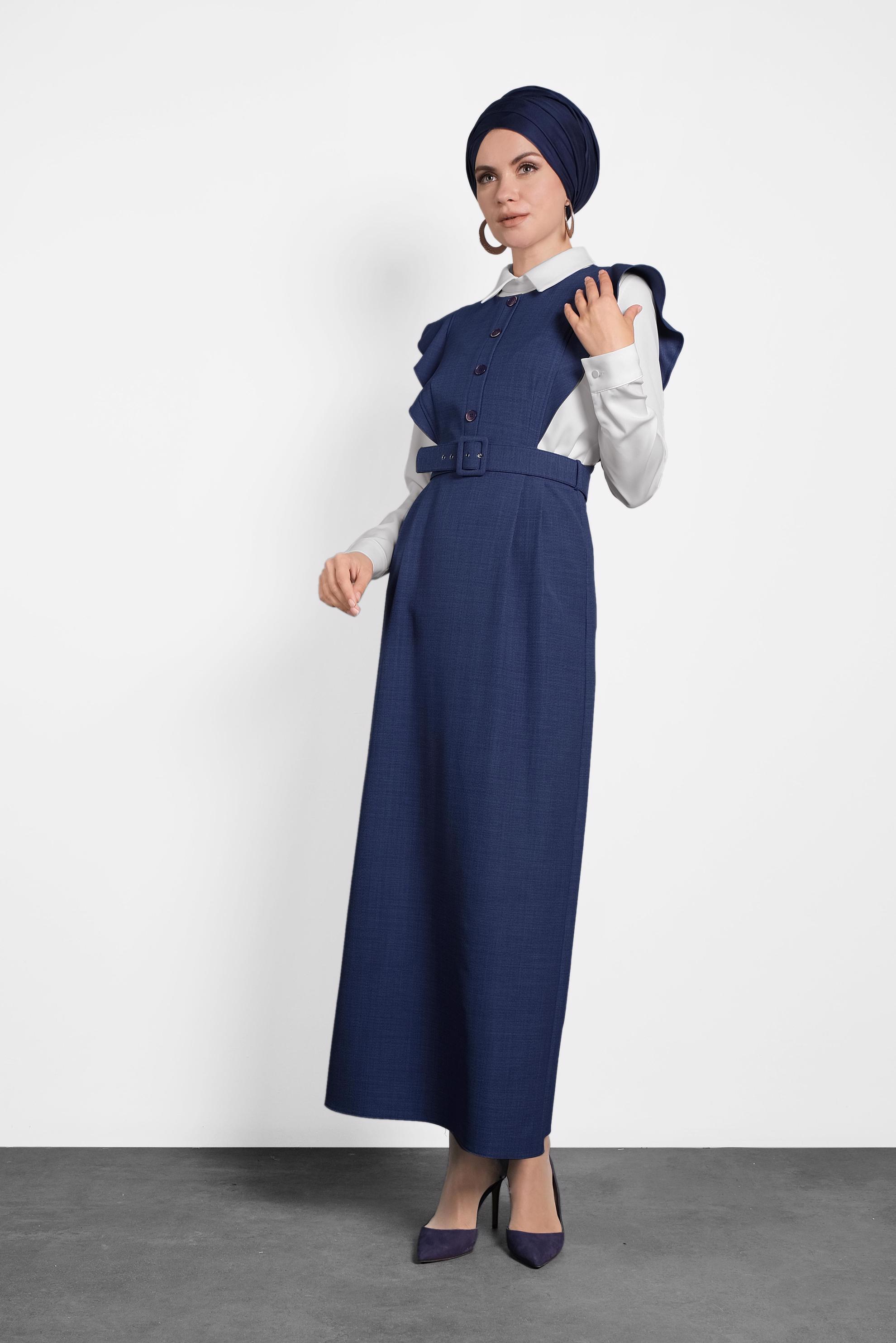 Tesettür giyim LACİVERT FIRFIRLI ELBİSE BLUZ TAKIM 40155 