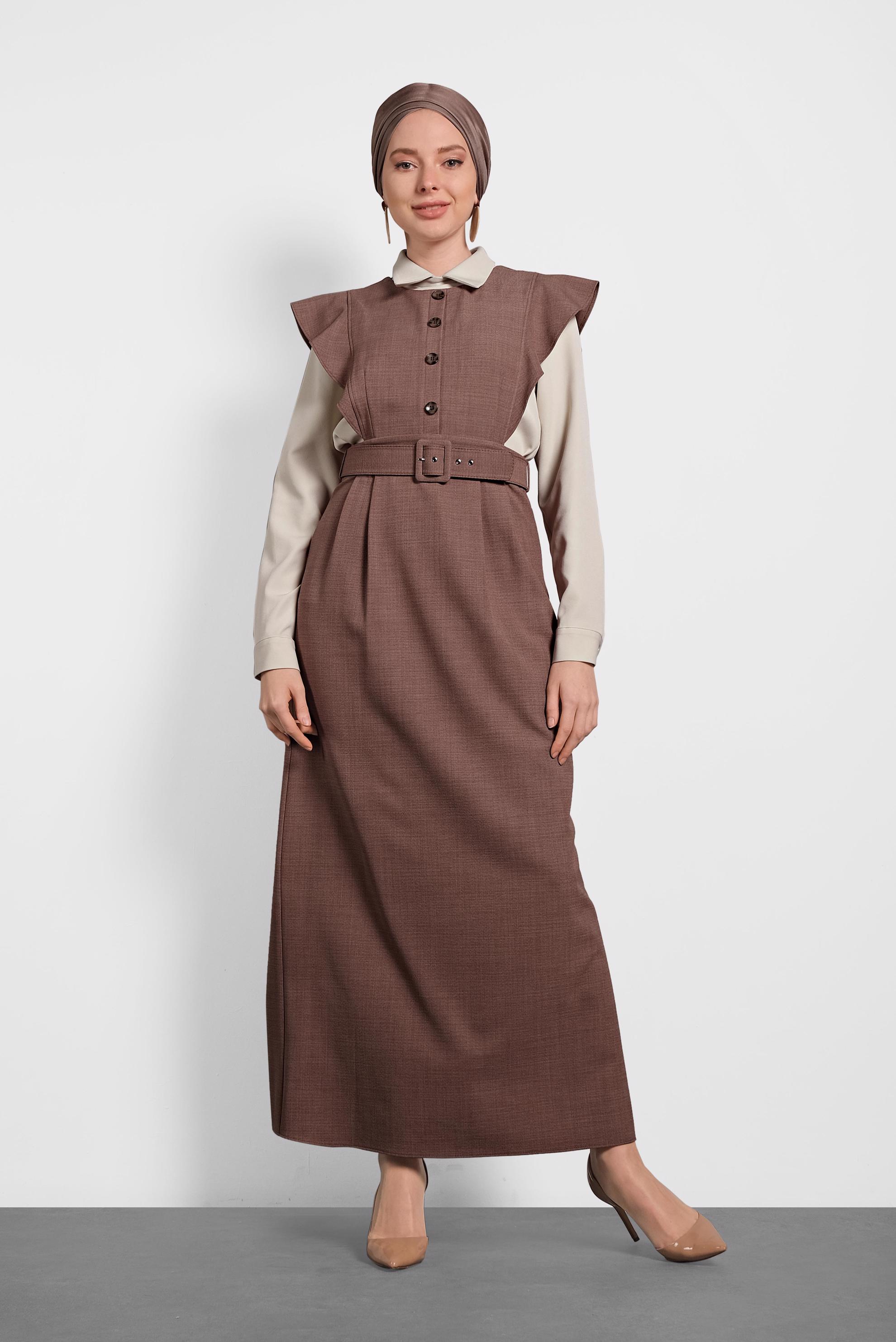 Tesettür giyim TABA FIRFIRLI ELBİSE BLUZ TAKIM 40155 