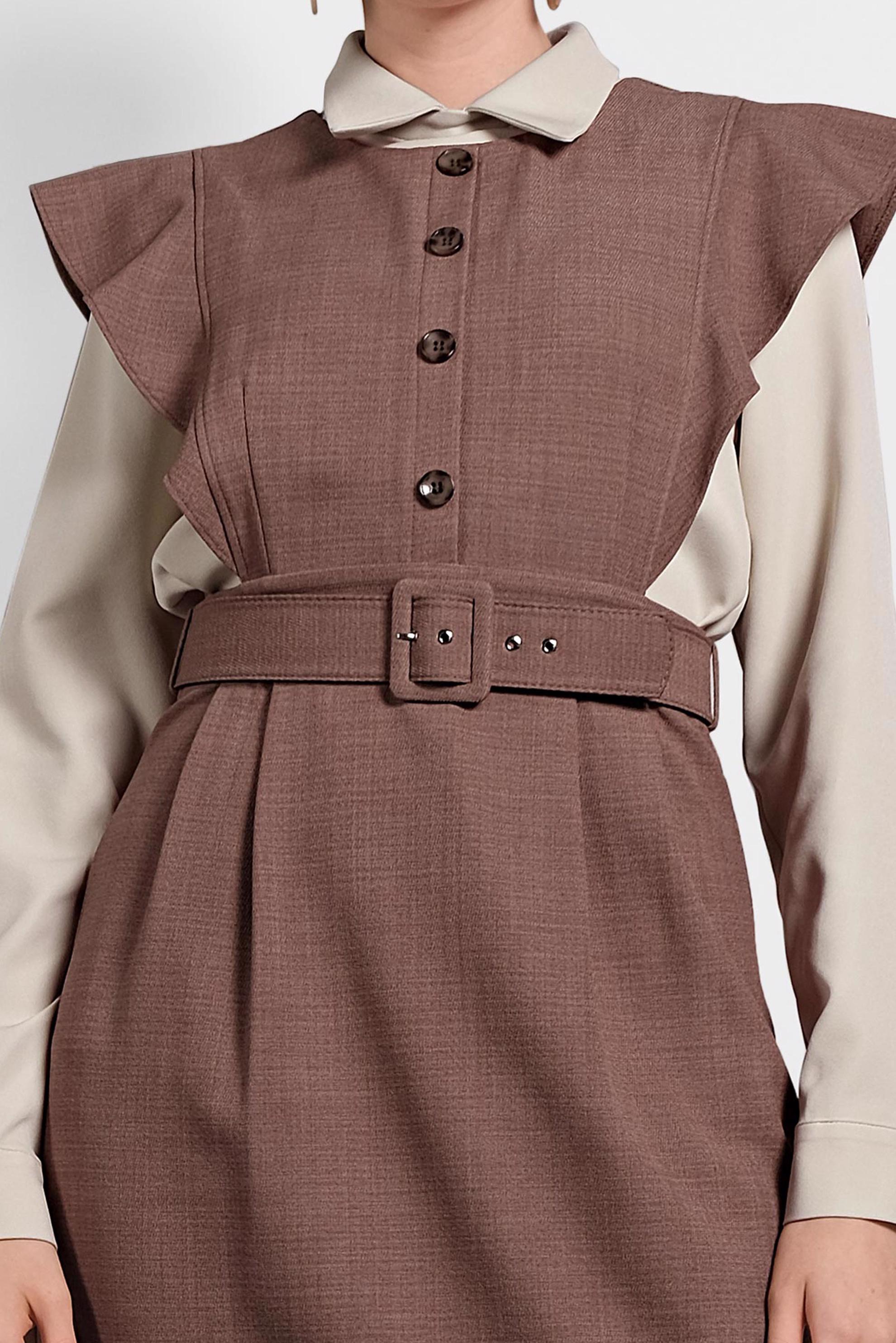 Tesettür giyim TABA FIRFIRLI ELBİSE BLUZ TAKIM 40155 