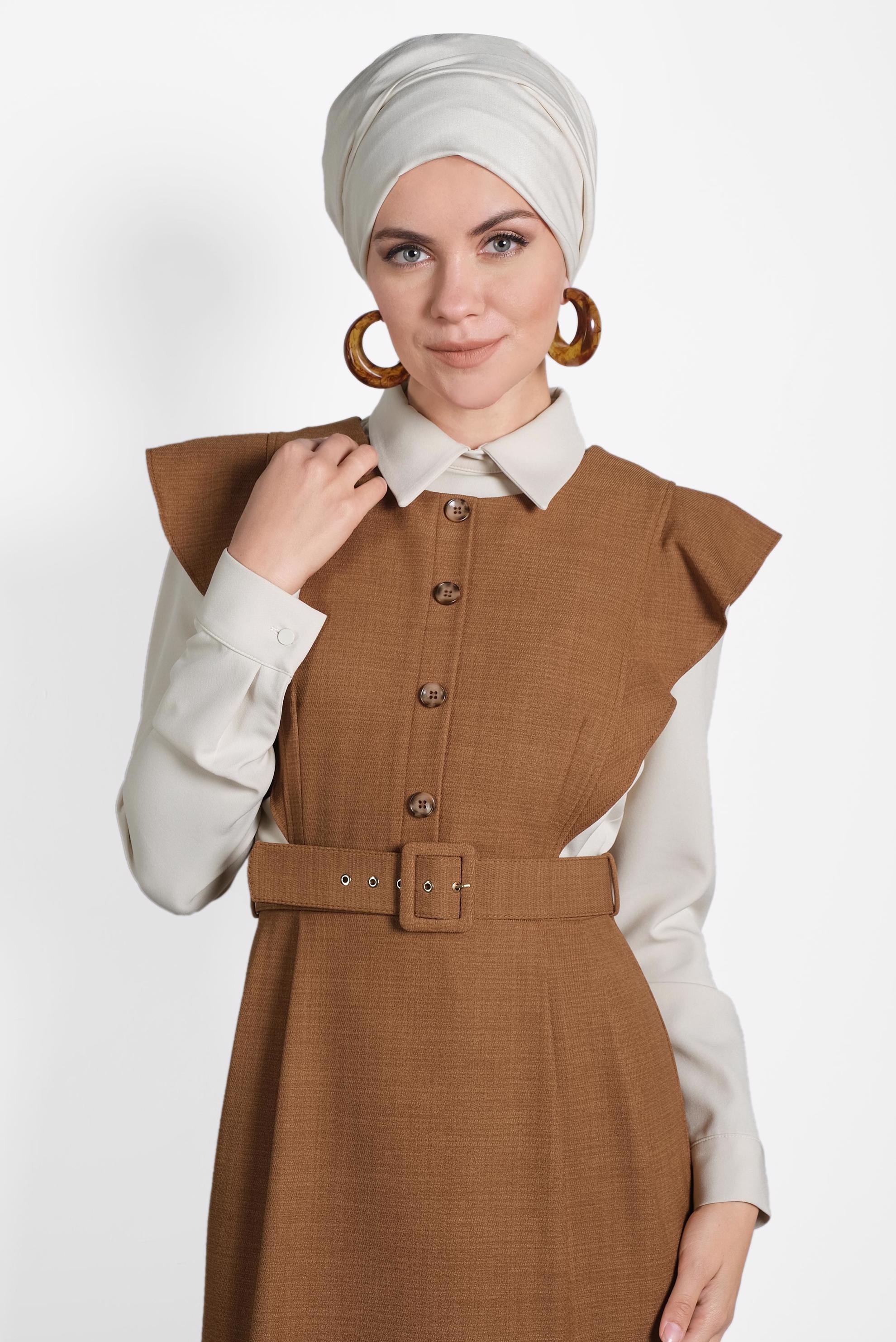 Tesettür giyim KAHVE FIRFIRLI ELBİSE BLUZ TAKIM 40155 