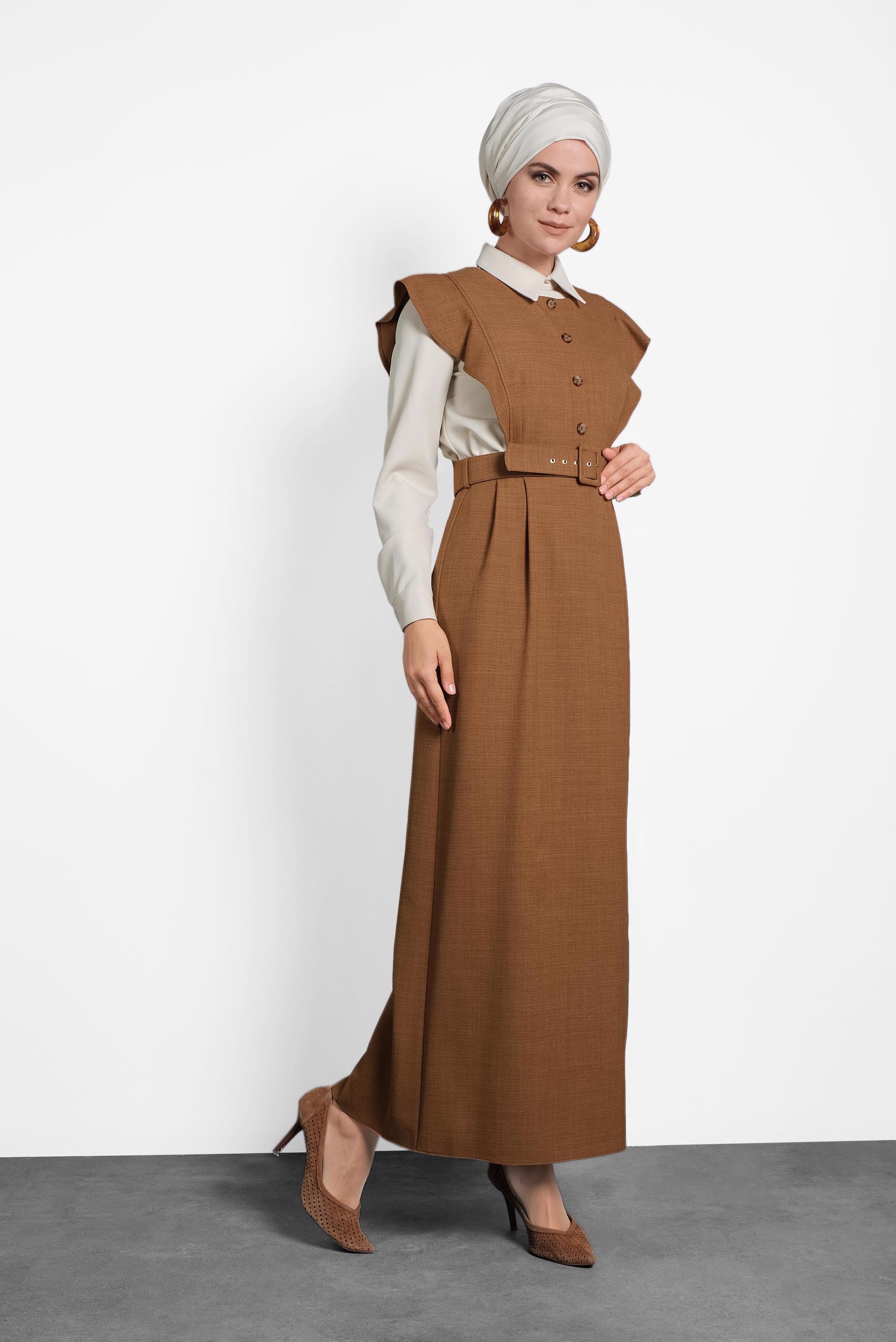 Tesettür giyim KAHVE FIRFIRLI ELBİSE BLUZ TAKIM 40155 