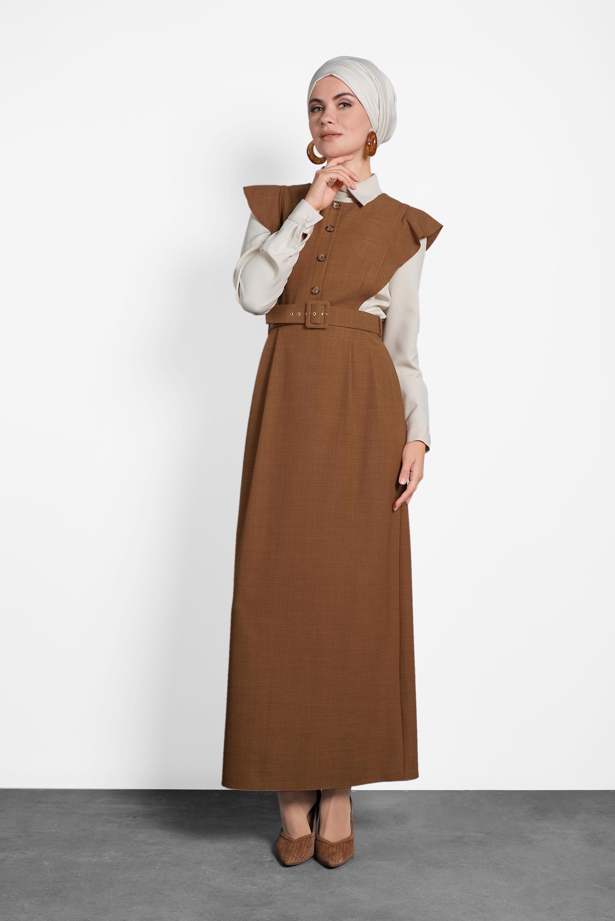 Tesettür giyim KAHVE FIRFIRLI ELBİSE BLUZ TAKIM 40155 