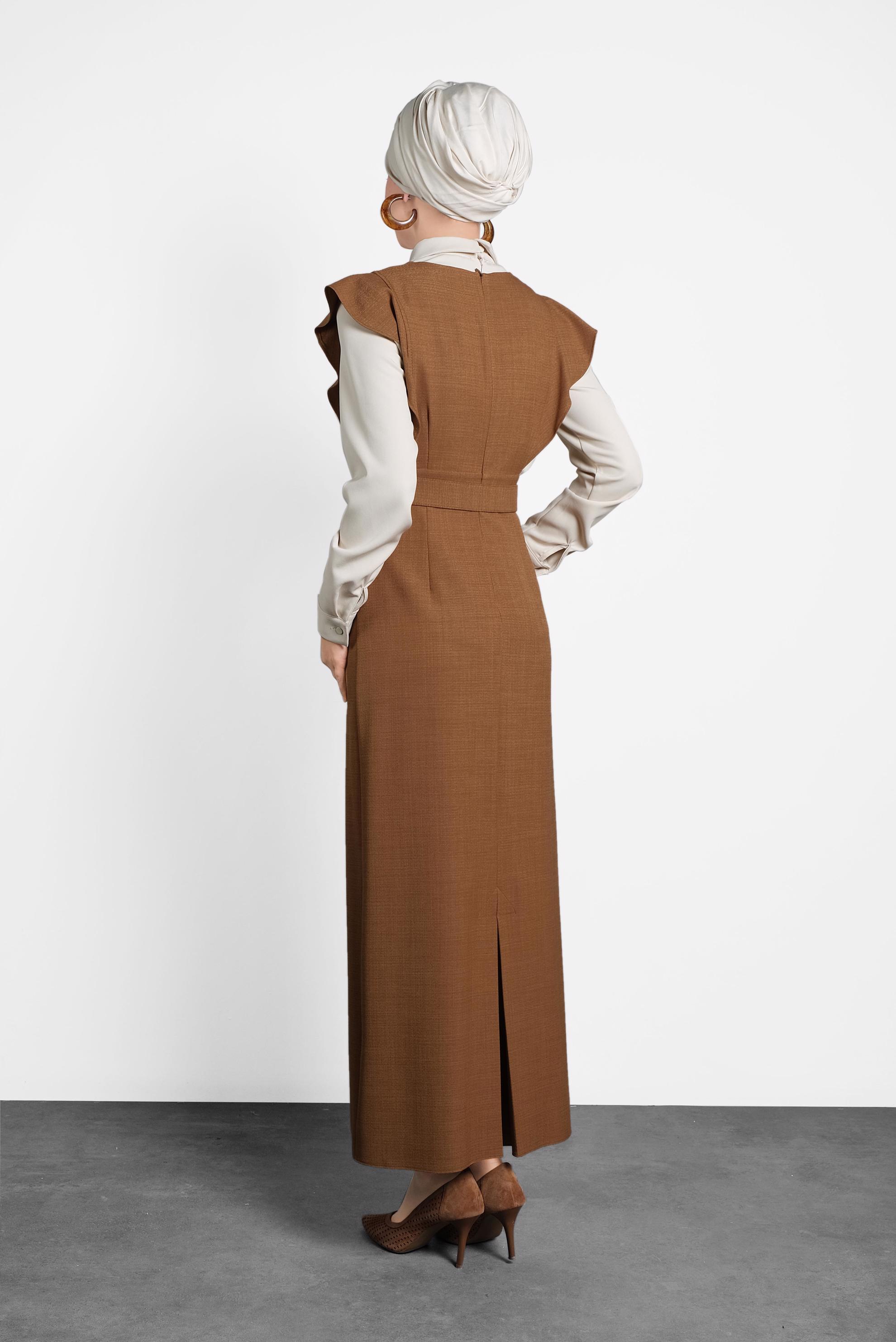 Tesettür giyim KAHVE FIRFIRLI ELBİSE BLUZ TAKIM 40155 