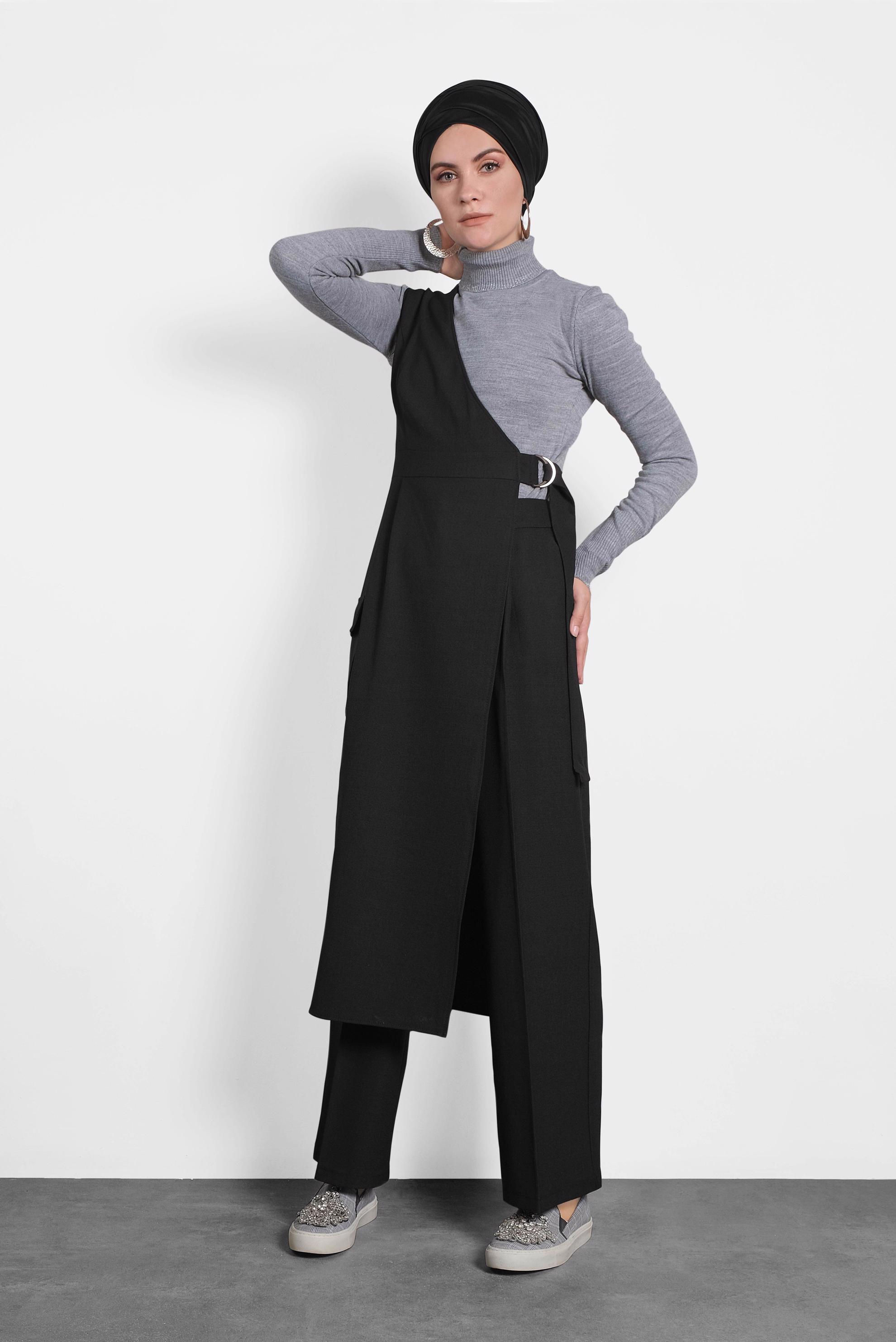 Tesettür giyim SİYAH KEMERLİ PANTOLON TAKIM 40131