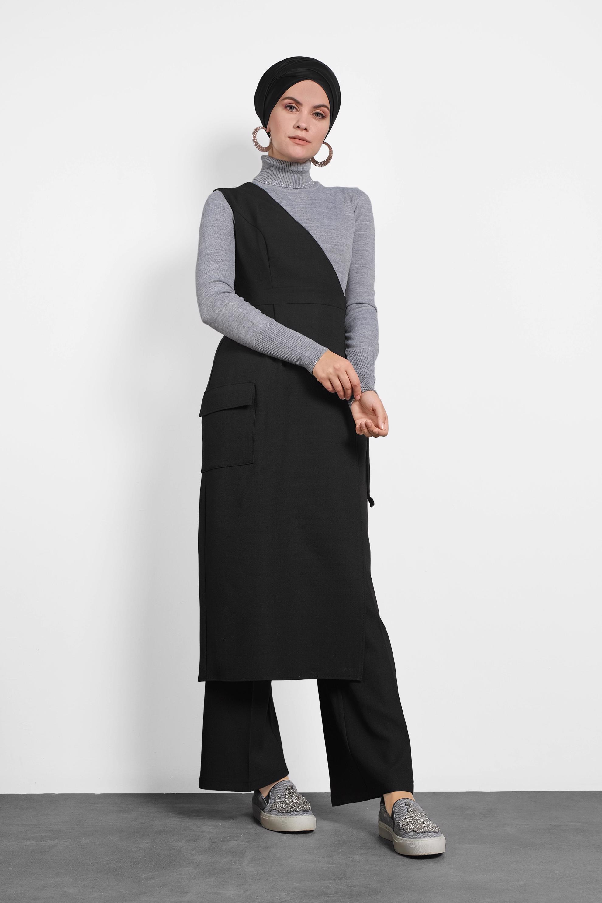 Tesettür giyim SİYAH KEMERLİ PANTOLON TAKIM 40131