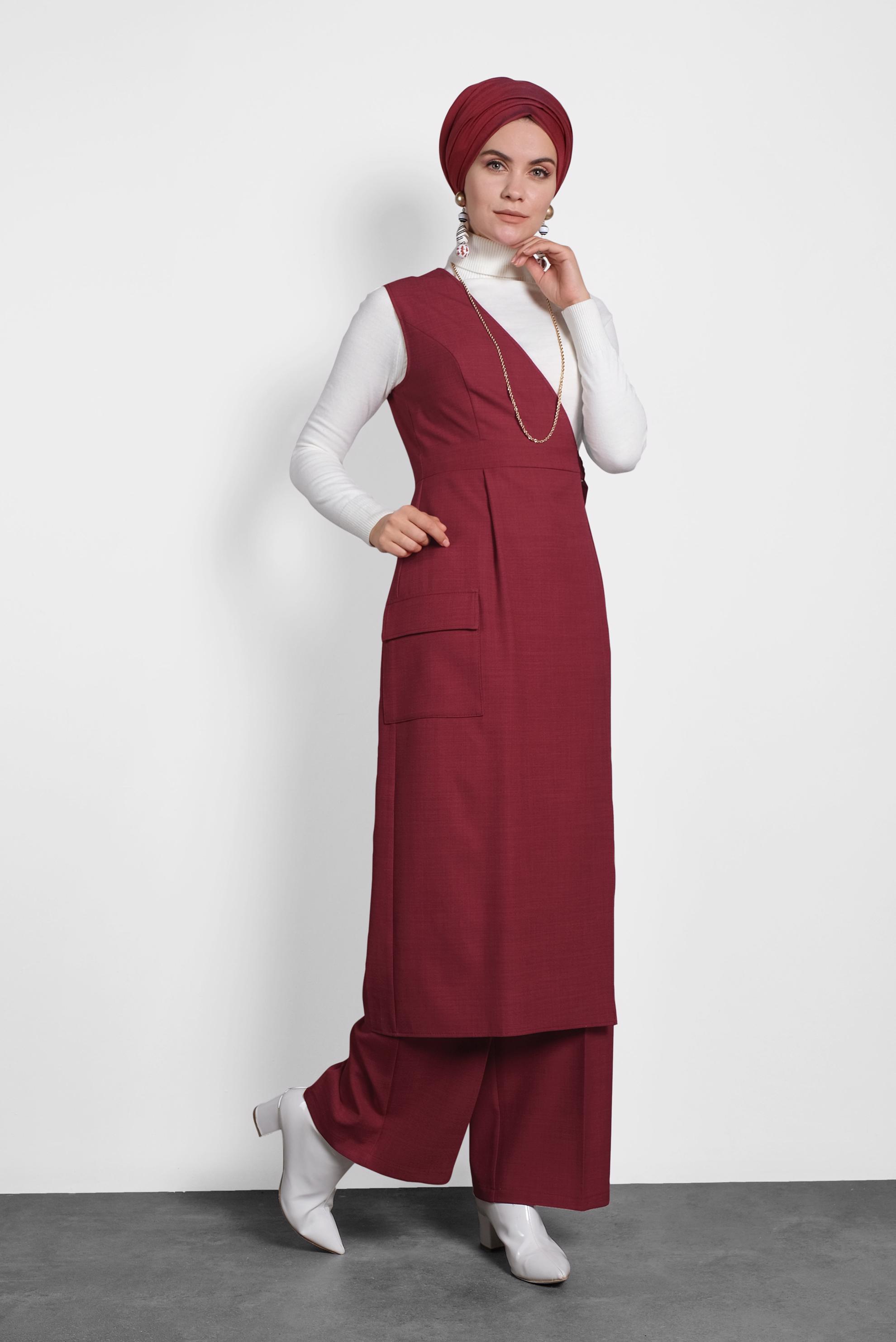 Tesettür giyim KIRMIZI KEMERLİ PANTOLON TAKIM 40131