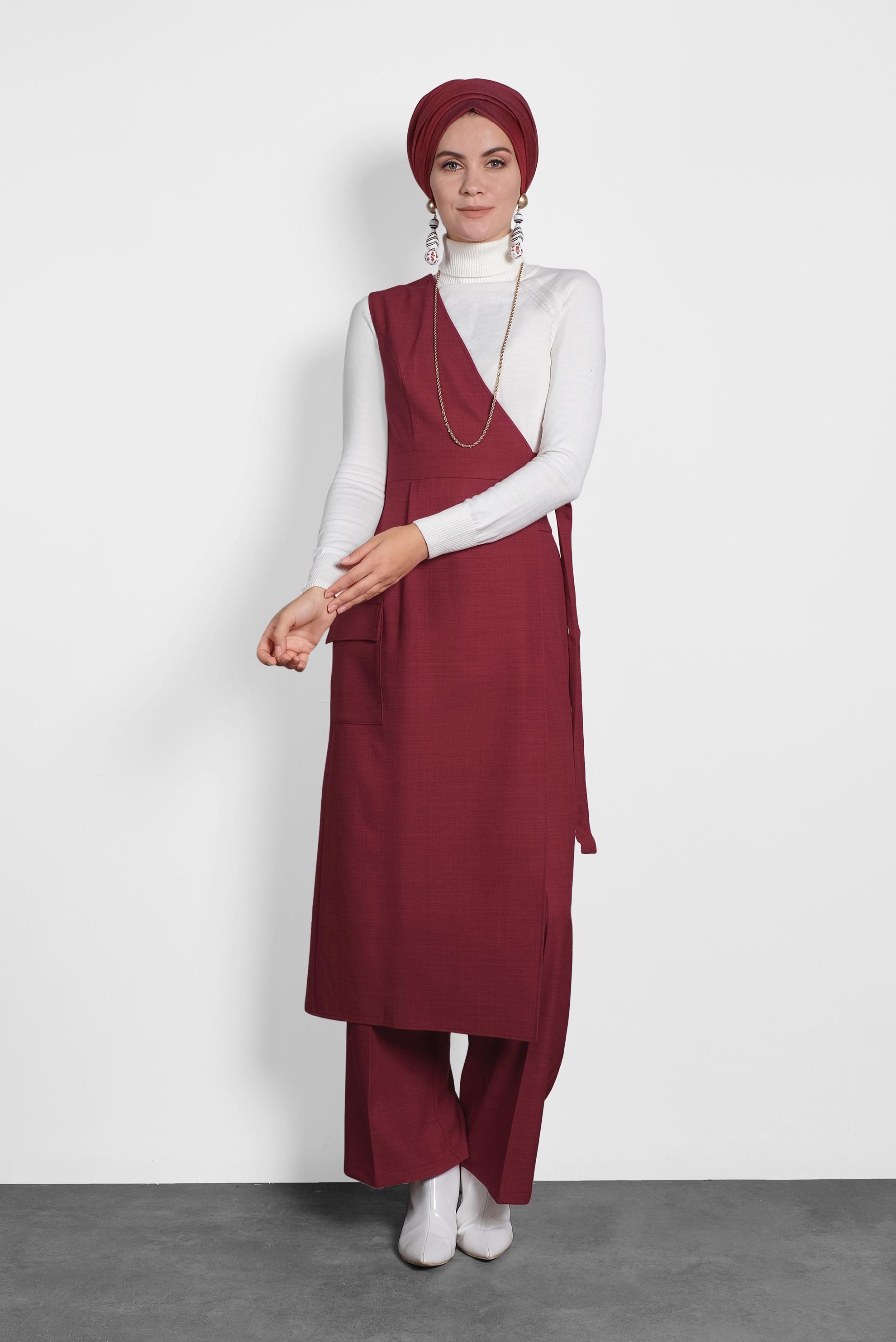 Tesettür giyim KIRMIZI KEMERLİ PANTOLON TAKIM 40131