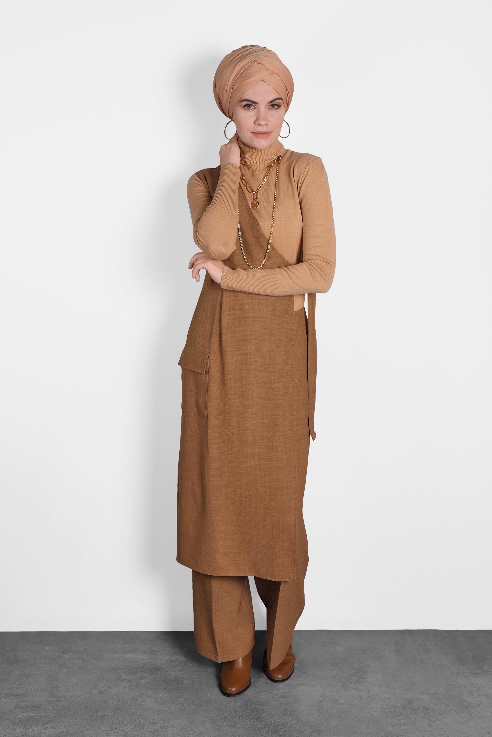 Tesettür giyim KAHVE KEMERLİ PANTOLON TAKIM 40131