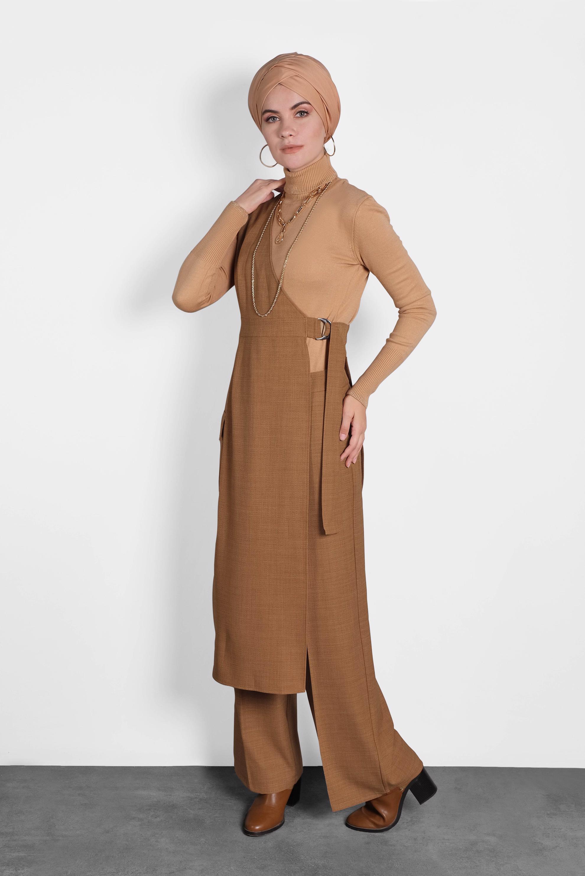 Tesettür giyim KAHVE KEMERLİ PANTOLON TAKIM 40131