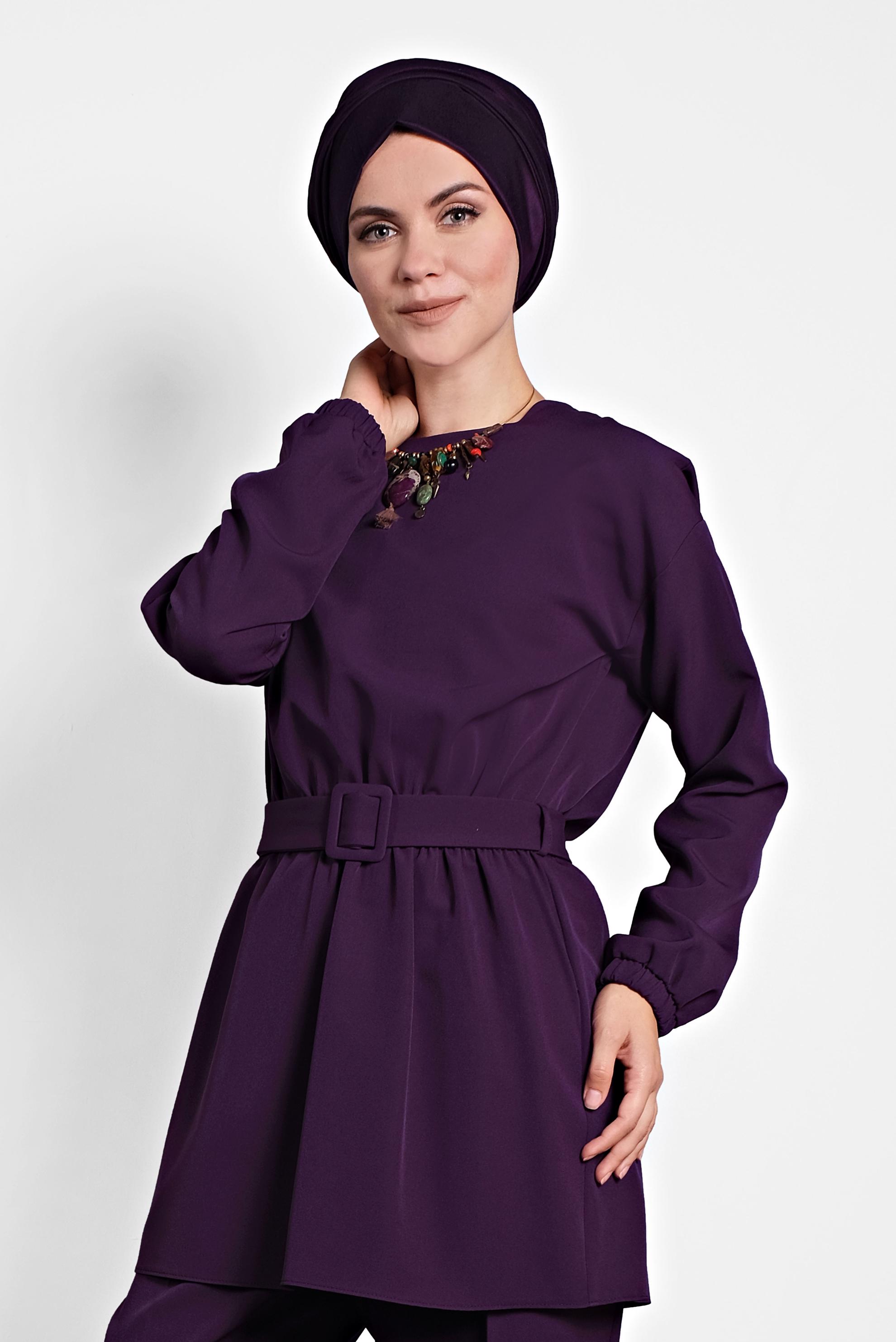 Tesettür giyim MOR LASTİKLİ PANTOLONLU TAKIM 40144 
