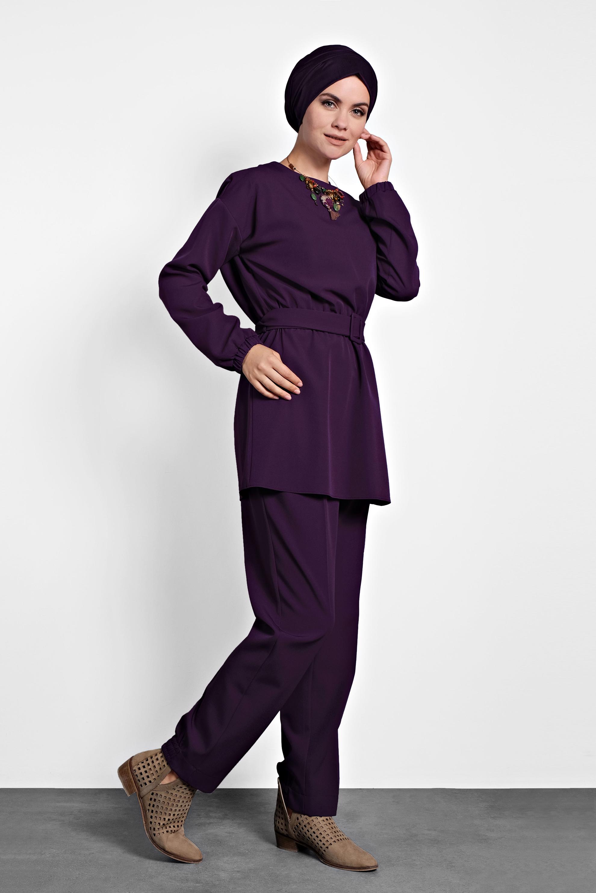 Tesettür giyim MOR LASTİKLİ PANTOLONLU TAKIM 40144 