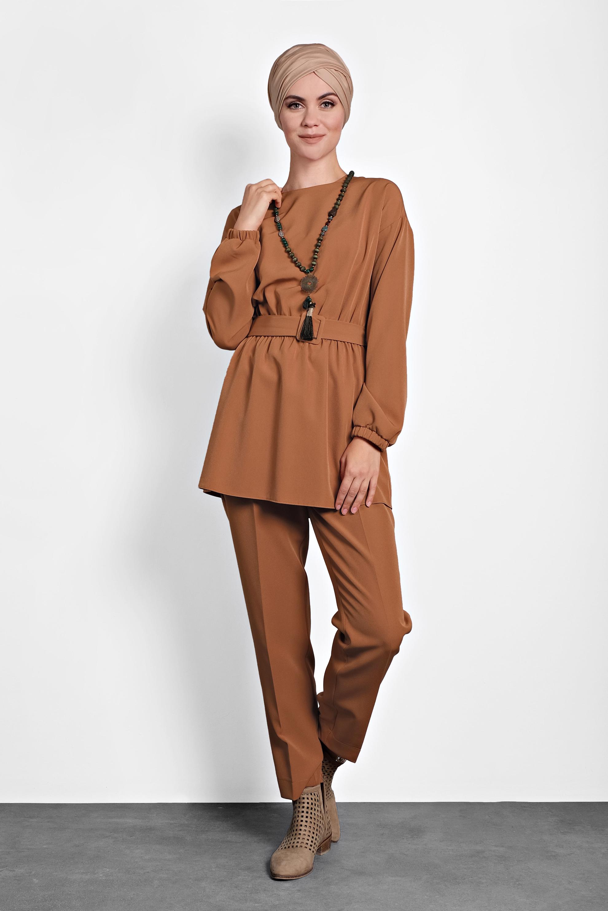 Tesettür giyim TABA LASTİKLİ PANTOLONLU TAKIM 40144 