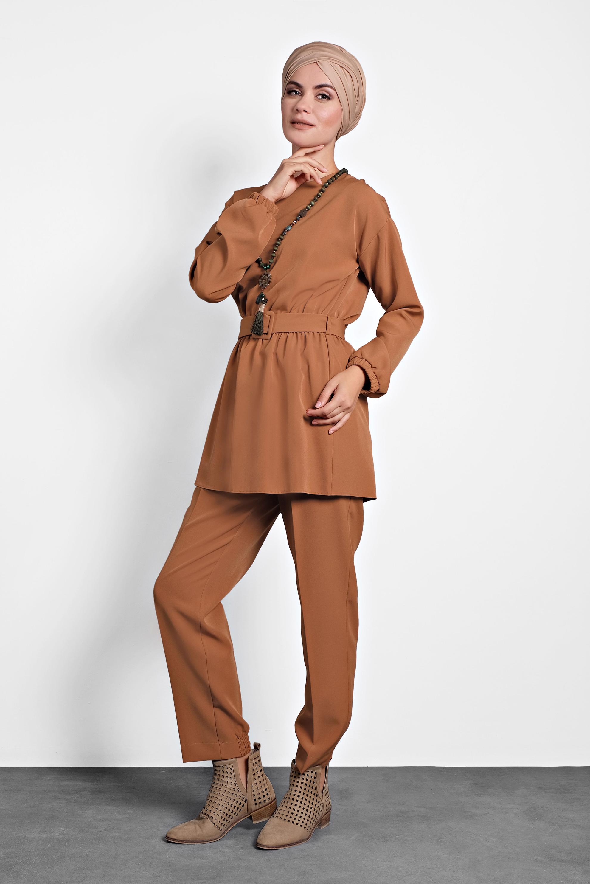 Tesettür giyim TABA LASTİKLİ PANTOLONLU TAKIM 40144 