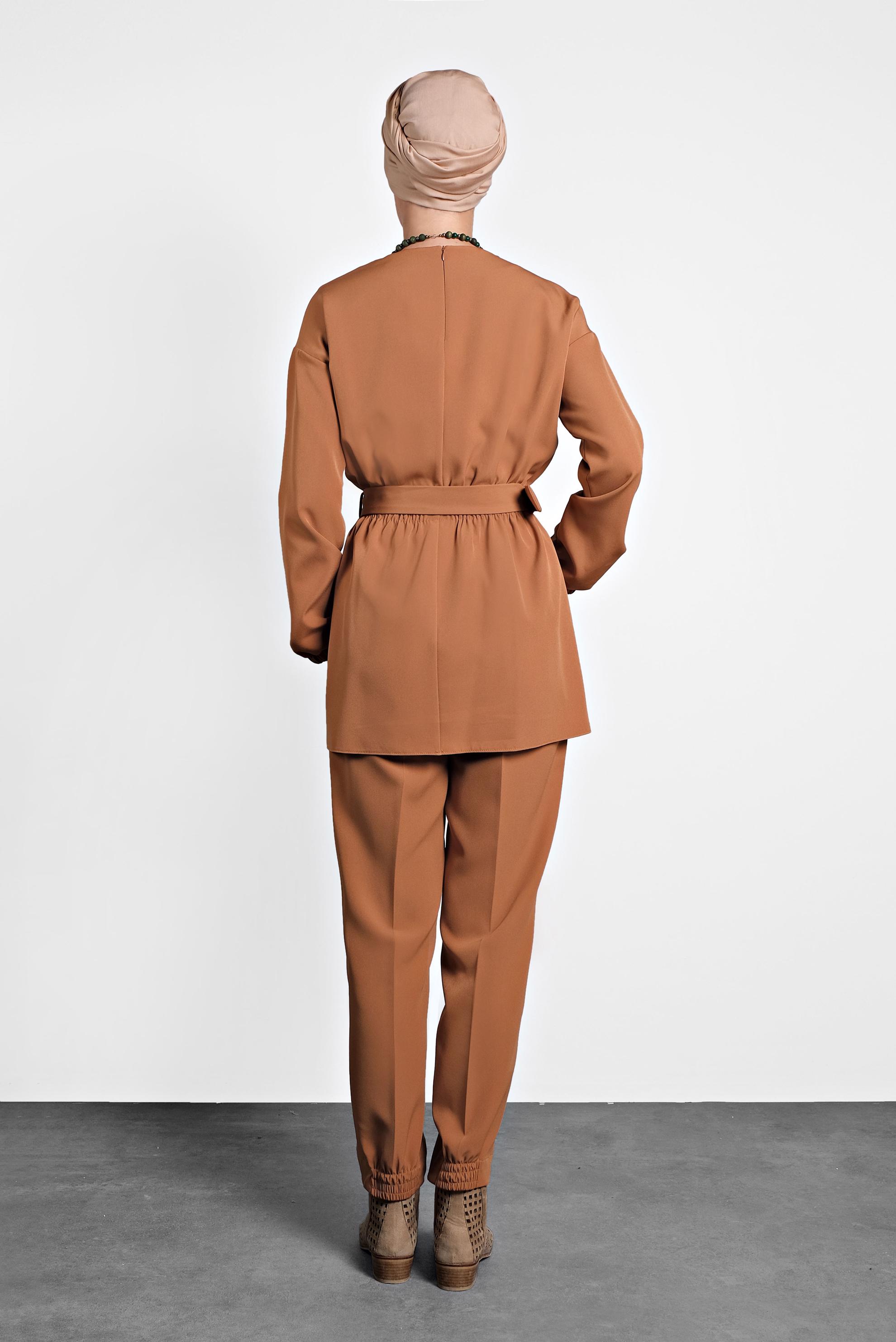 Tesettür giyim TABA LASTİKLİ PANTOLONLU TAKIM 40144 