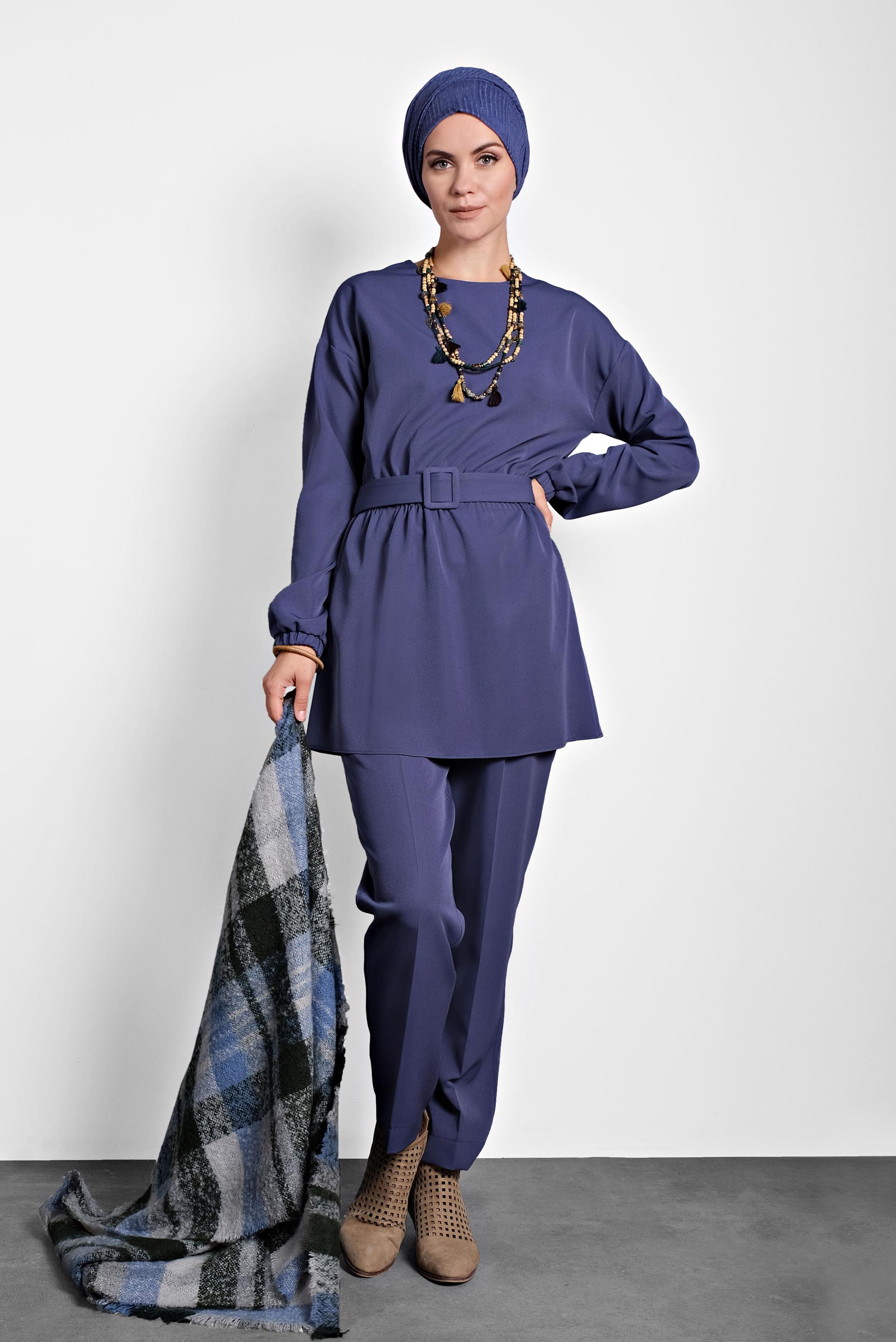 Tesettür giyim LACİVERT LASTİKLİ PANTOLONLU TAKIM 40144 