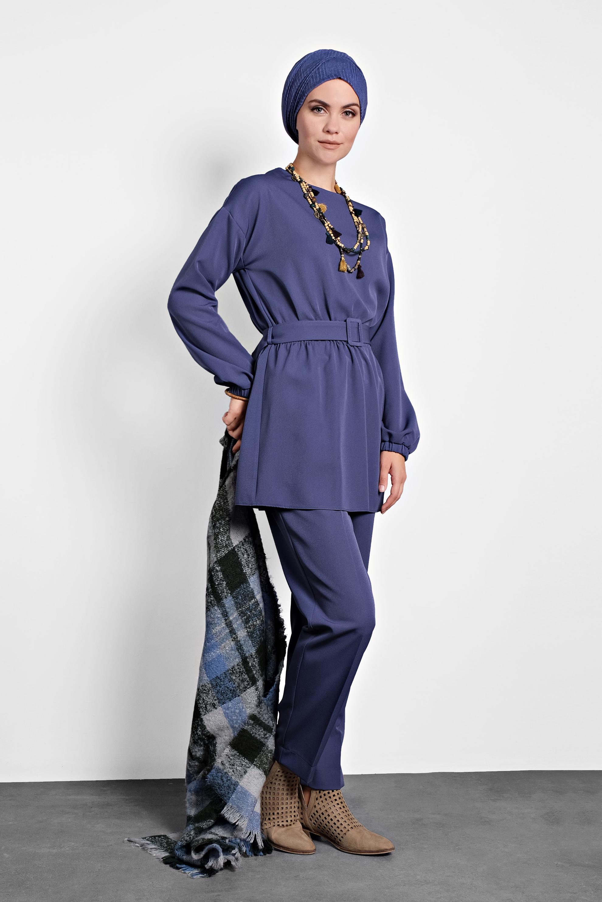 Tesettür giyim LACİVERT LASTİKLİ PANTOLONLU TAKIM 40144 