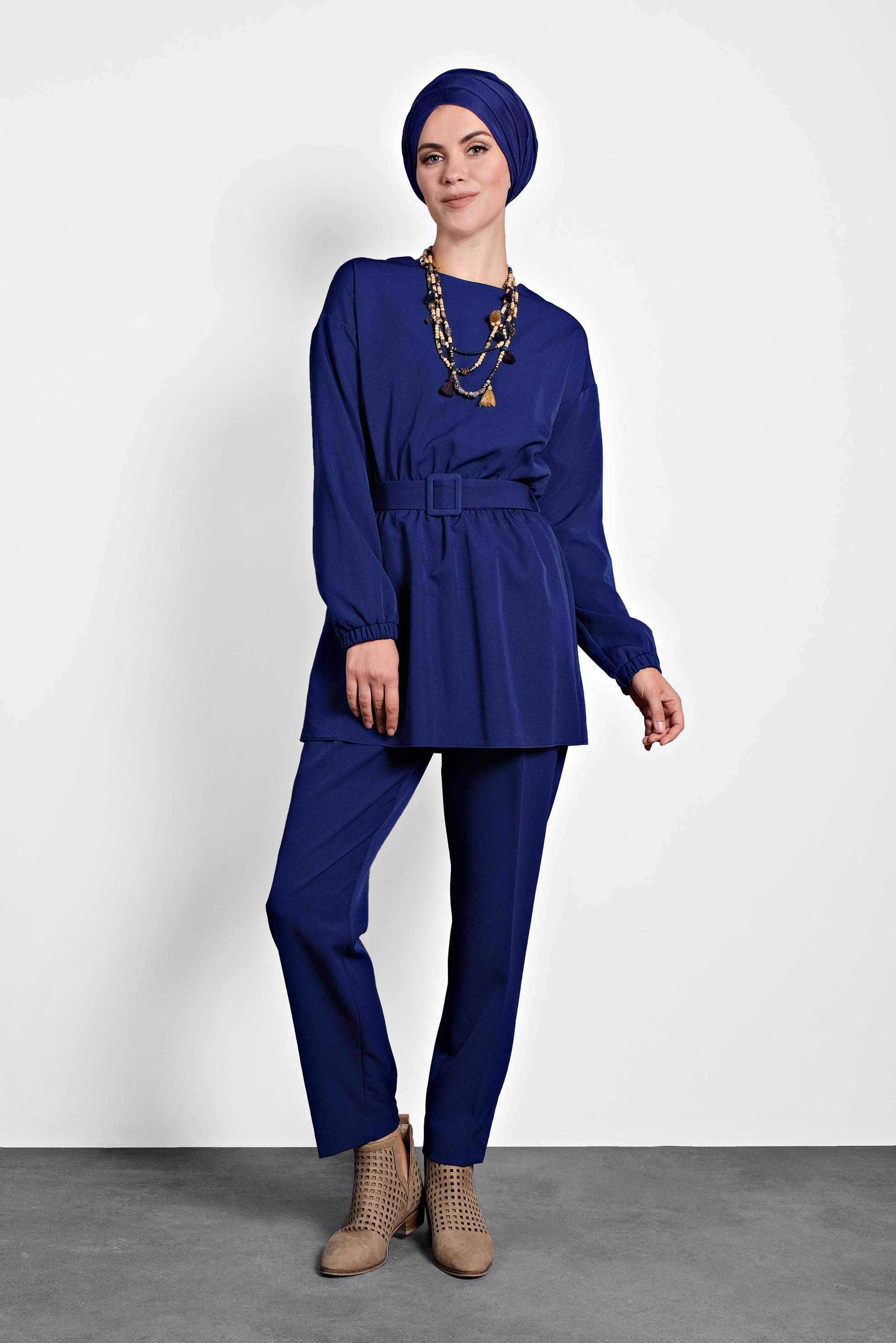 Tesettür giyim LACİVERT LASTİKLİ PANTOLONLU TAKIM 40144 